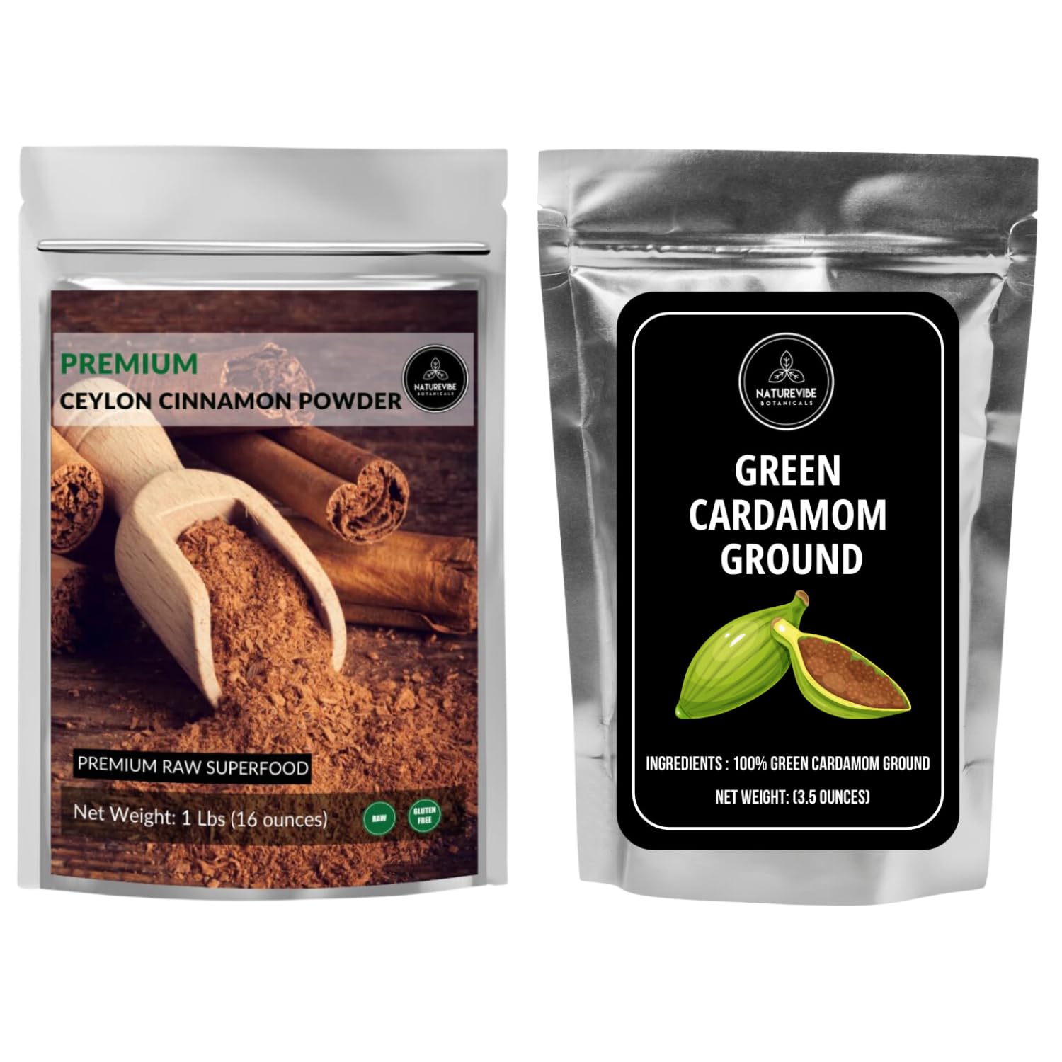 Naturevibe Botanicals Ceylon Cinnamon Powder 1lb and Green Cardamom Powder 3.5oz | Spice Combo