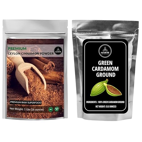 Naturevibe Botanicals Canela en polvo de Ceilán 1lb y Cardamomo Verde en Polvo 3.5oz  Combo de especias