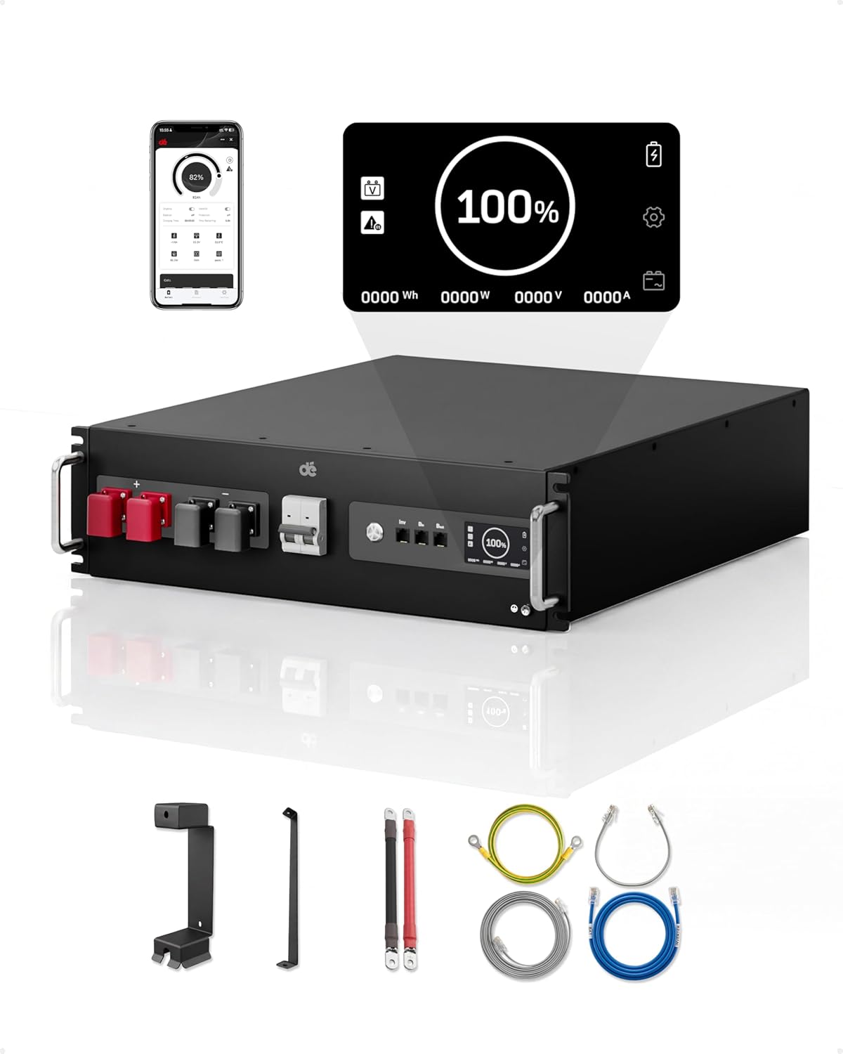 dé 48V 100Ah LiFePO4 Lithium Battery with App & Display Monitoring, 6000+ Cycle Home Storage, 5120Wh Server Rack Battery with WiFi, RS485, CAN & RS232, for Off Grid Solar System, Home Backup Power