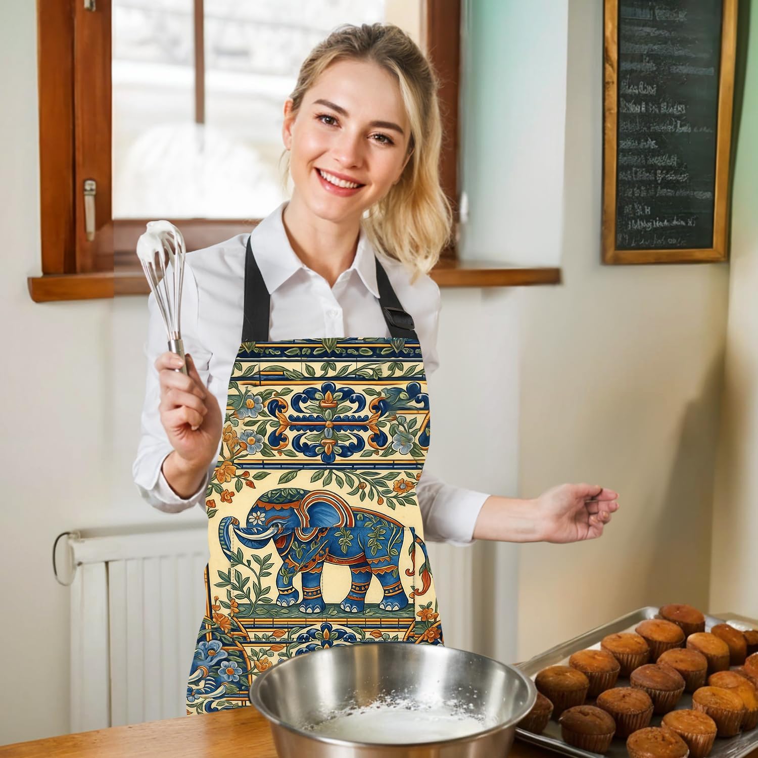 ANNA QUEEN Funny Apron with Pocket for Women Men, Adjustable Kitchen Cooking for BBQ Baking with Cute Animal Flower
