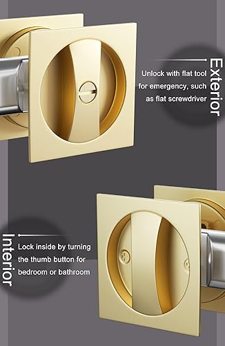 Miniatura 4 de goldenwarm Herrajes dorados para puerta de bolsillo, cerradura de puerta cuadrada de privacidad dorada cepillada, cerradura de puerta de bolsillo