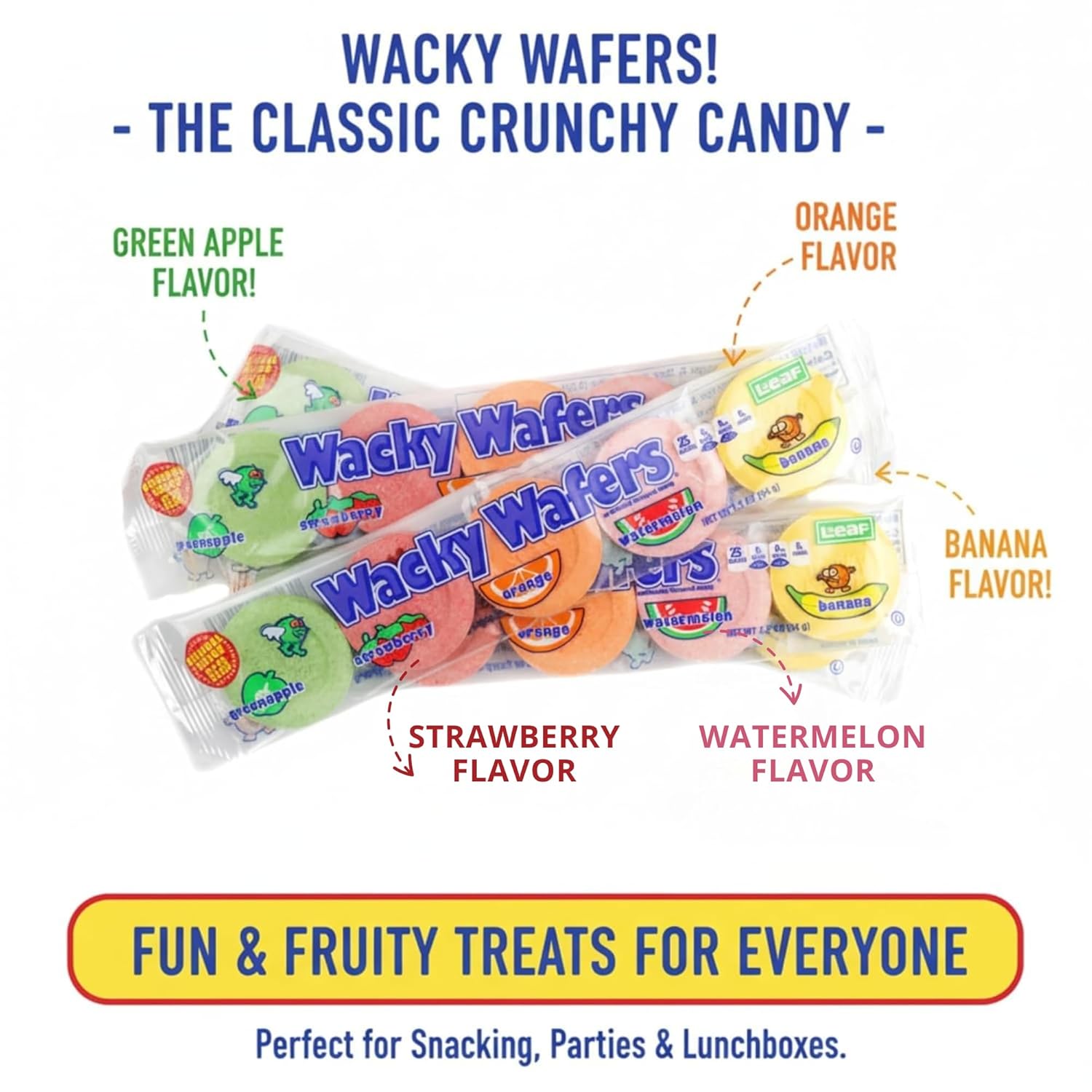 Wacky Wafers Candy 24pk Bulk Retro Old-Fashioned Nostalgic Candy, Fruity Sugar Wafers (Watermelon, Banana, Orange, Green Apple, Strawberry) (24)