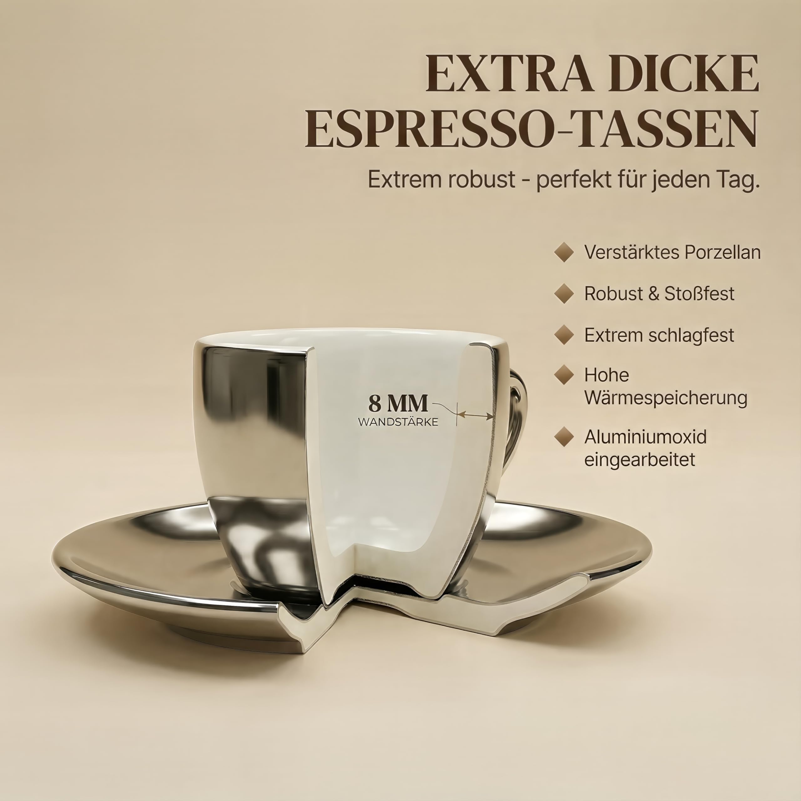 6 x filiżanki do espresso | srebrny chrom | styl włoski | grube ścianki i ciężkie | zestaw 6 filiżanek do espresso ze spodkami - zestaw upominkowy