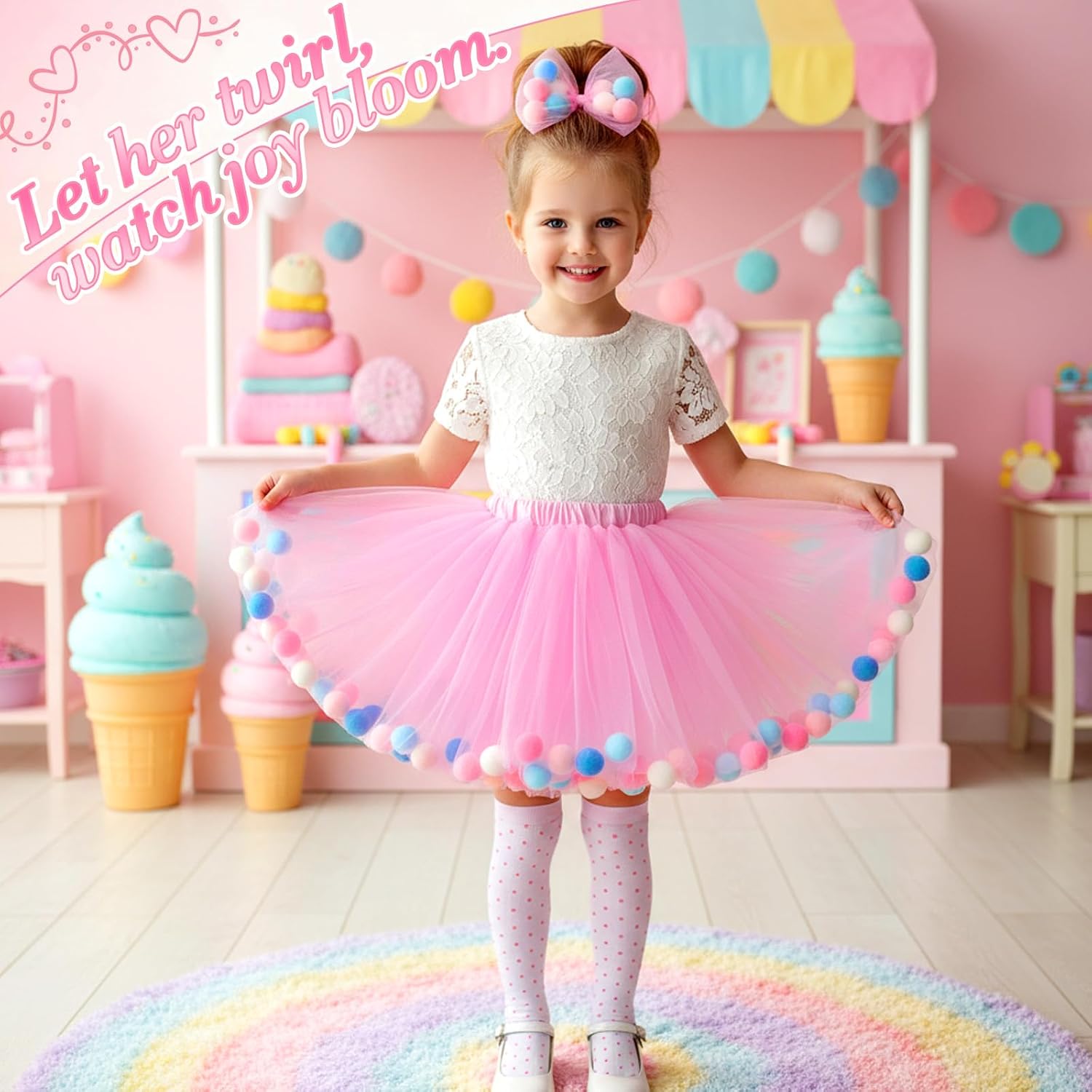 Tutu Skirt for Toddler Girl Colorful Floating Pom Pom Tulle Skirt Bow Headband Birthday Tutu Outfit Princess Ballet Dress