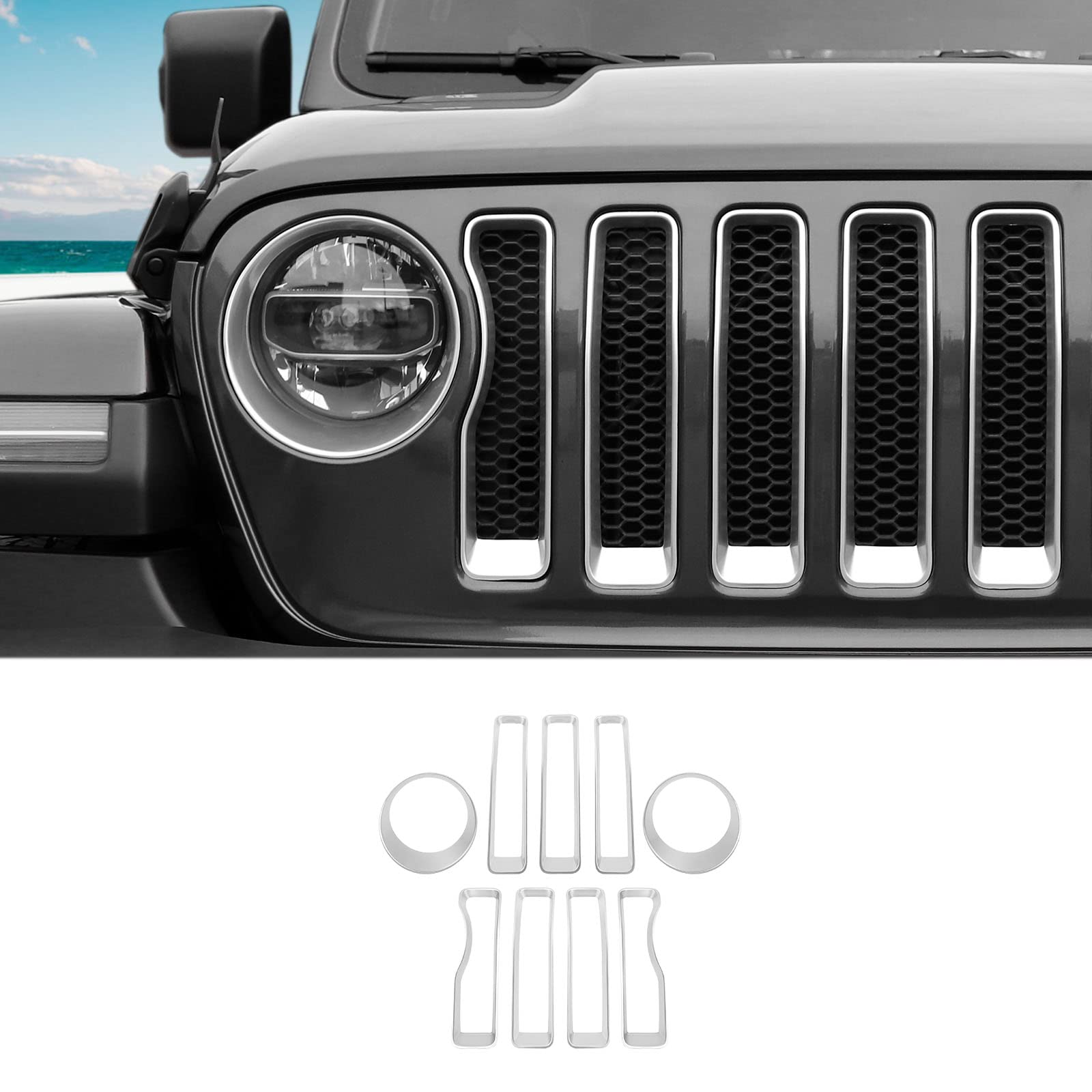 Mesh Grille Grill Insert+Headlight Turn Light Cover Trim Compatible with 2018-2022 Jeep Wrangler JL JLU & Gladiator JT (Chrome)