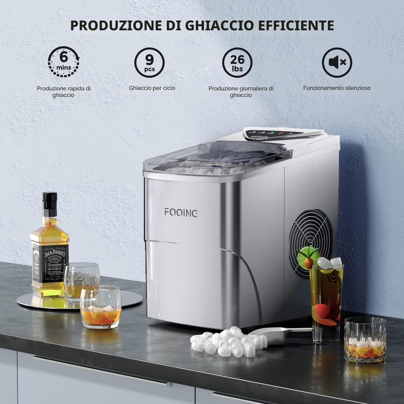 Macchina Ghiaccio Macchina per Ghiaccio da Banco, Macchina per Ghiaccio Autopulente, 9 Cubetti Pronti in 6 Minuti, 15KG in 24 H Macchina del Ghiaccio Portatile per Casa/Cucina/Ufficio/Bar