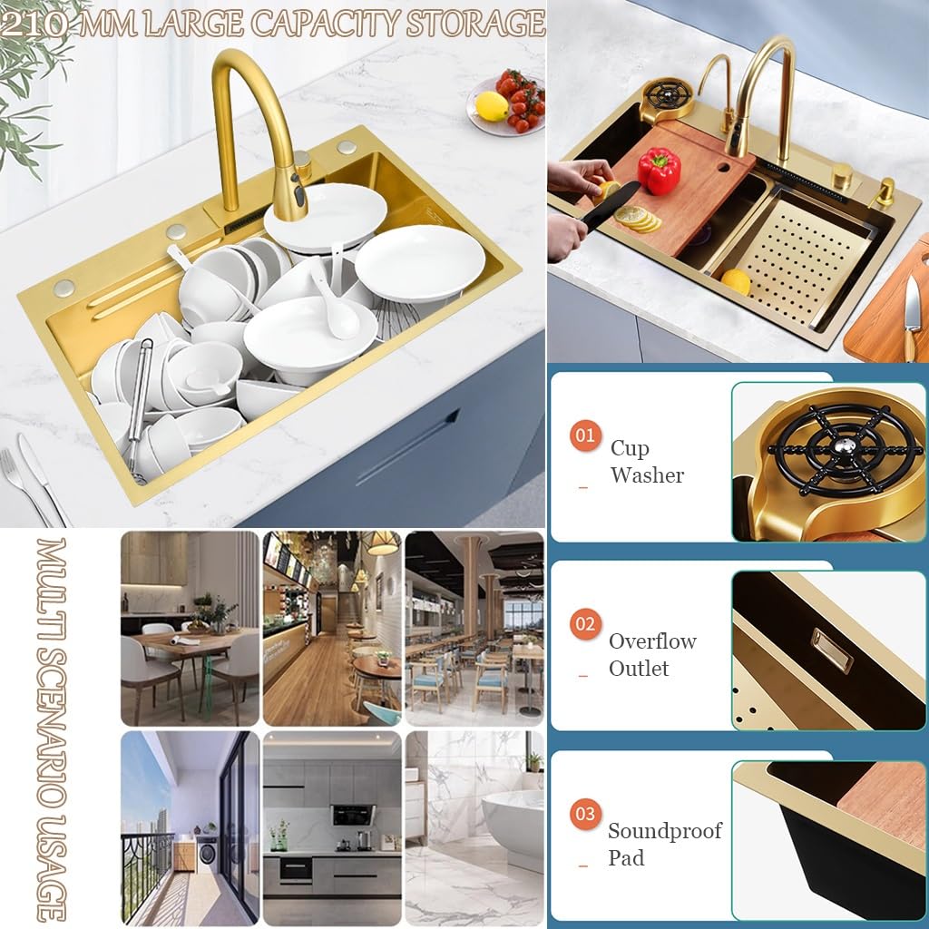 Golden Waterfall armatura wysuwana trzy w jednym, zlewozmywak ze stali nierdzewnej z akcesoriami – wielofunkcyjna stacja robocza z pojedynczym zbiornikiem, kompletny zestaw akcesoriów (kolor