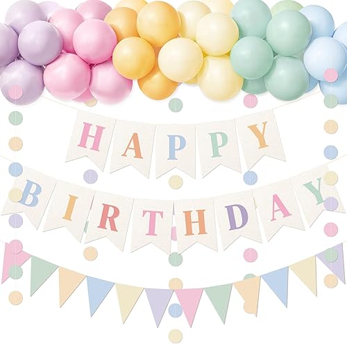 Miniatura 9 de Juego de decoraciones retro boho de feliz cumpleaños con globos de arco iris, pancarta de feliz cumpleaños, bandera de papel, guirnalda de confeti