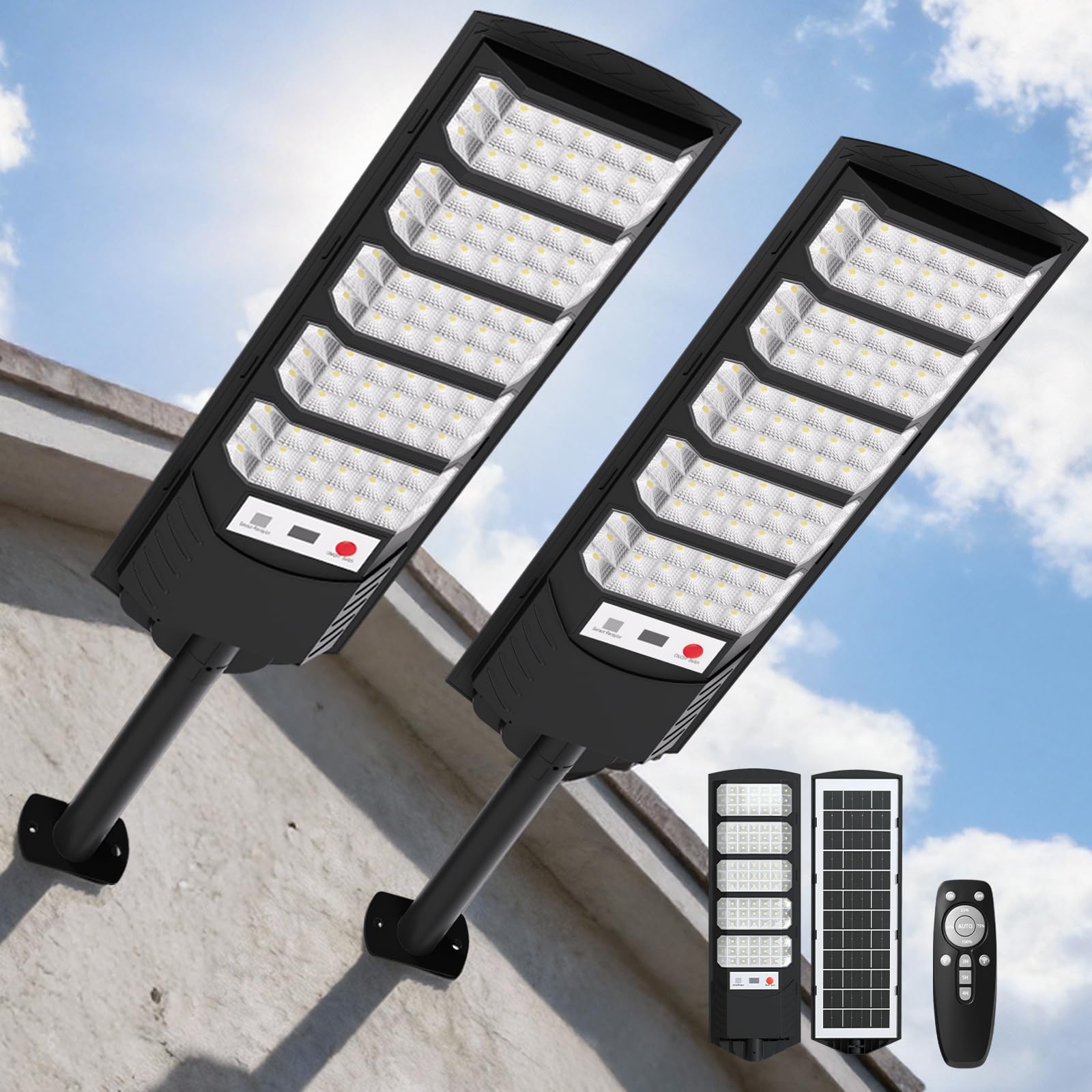 VBOK IGEF Farolas Solares Exteriores,Potente Farola Solar con Sensor de Movimiento,Gran Angular de 320°, 6500K Impermeable Foco Solar Luz de Seguridad para Jardín, Patio, Parcela(2 piezas)