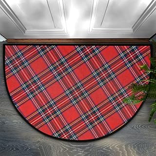 Royal Stewart Tartan Plaid Half Round Door Mat Indoor Entrance, Red Balck Check Pattern Non Slip Absorbent Doormats, 24 x 36 Wear Resistant Semi Circle Floor Mats Area Rugs for Home Kitchen Patio