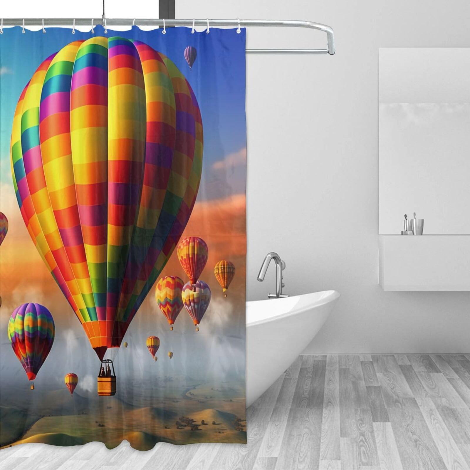 Rideau de douche imperméable avec crochets décor montgolfières 183x183cm
