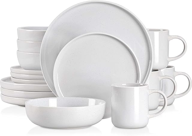 vancasso SESAM Light Grey Dinner Set- 16 Pieces Stoneware Dinnerware Set, Sesame Glaze Ceramic Combination Set with Dinner Plate/Dessert Plate/Soup Bowl/Mug, Service for 4