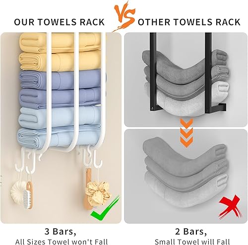 Miniatura 5 de Toalleros con estantes de almacenamiento de metal, estante para toallas enrolladas, almacenamiento de 3 toallas para baño montado en la pared,