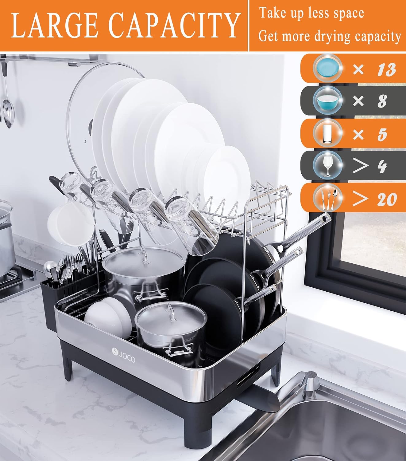SUOCO 2 Tier Dish Drying Rack with Drainboard, Stainless Steel Large Capacity Dish Strainer with Swivel Spout for Kitchen Counter