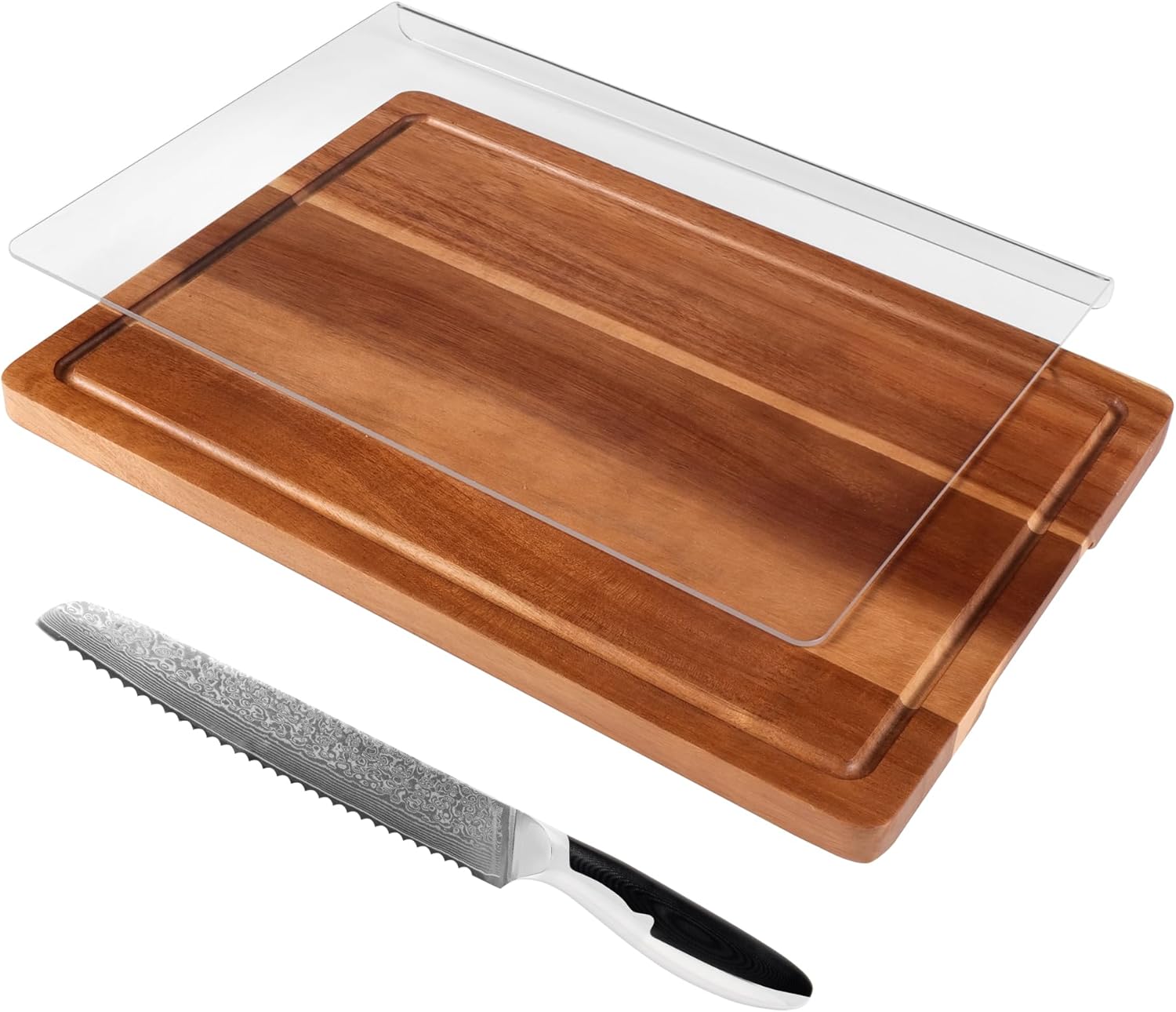 Acrylic Cutting Board & Acacia Wood Cutting Board Set with VG-10 Damascus Bread Knife, Kitchen Prep Bundle for Bread, Baked goods and Cakes