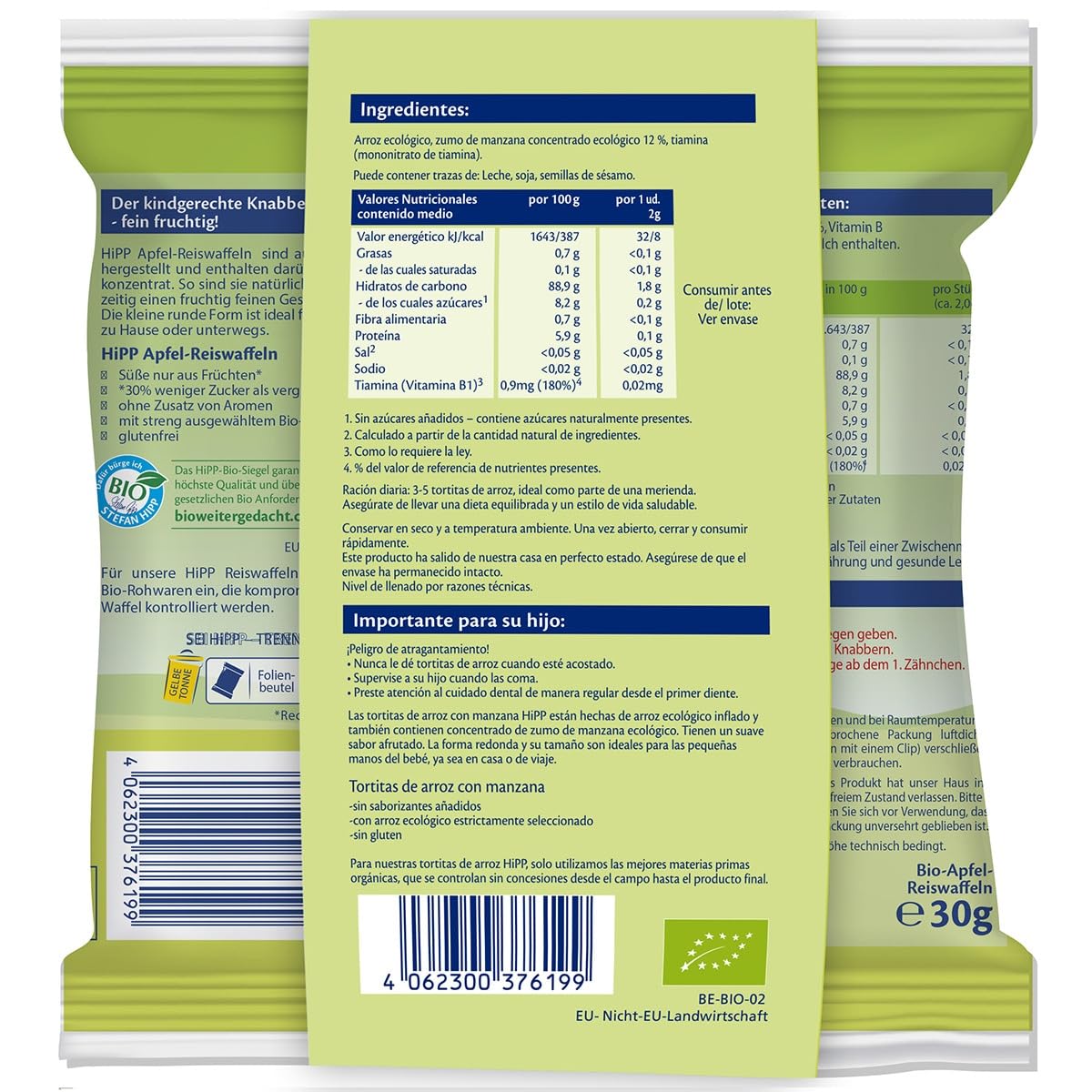 HiPP - Tortitas de Arroz con Manzana Bio - Pack de 7 - Snack Sin Gluten y Vegano - Ingredientes Ecológicos y Vitamina B1 - Fuente Natural de Energía y Antioxidantes - 7x30g