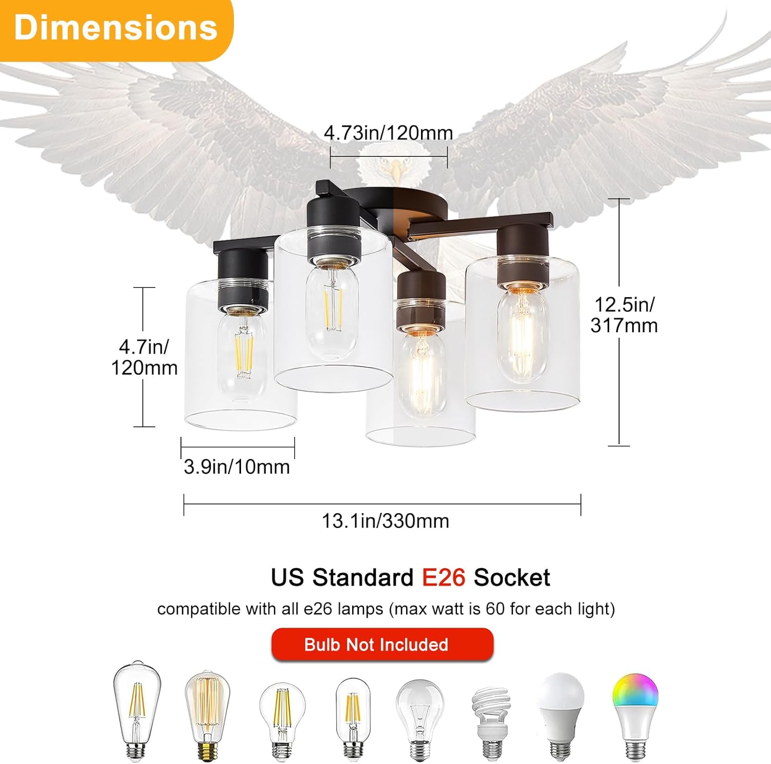 YYT Semi Flush Mount Ceiling Light Black 4-Light Kitchen Ceiling Light fixtures Kitchen Lighting Fixtures Cieling with Glass Shade for Bedroom Foyer Dinning Room