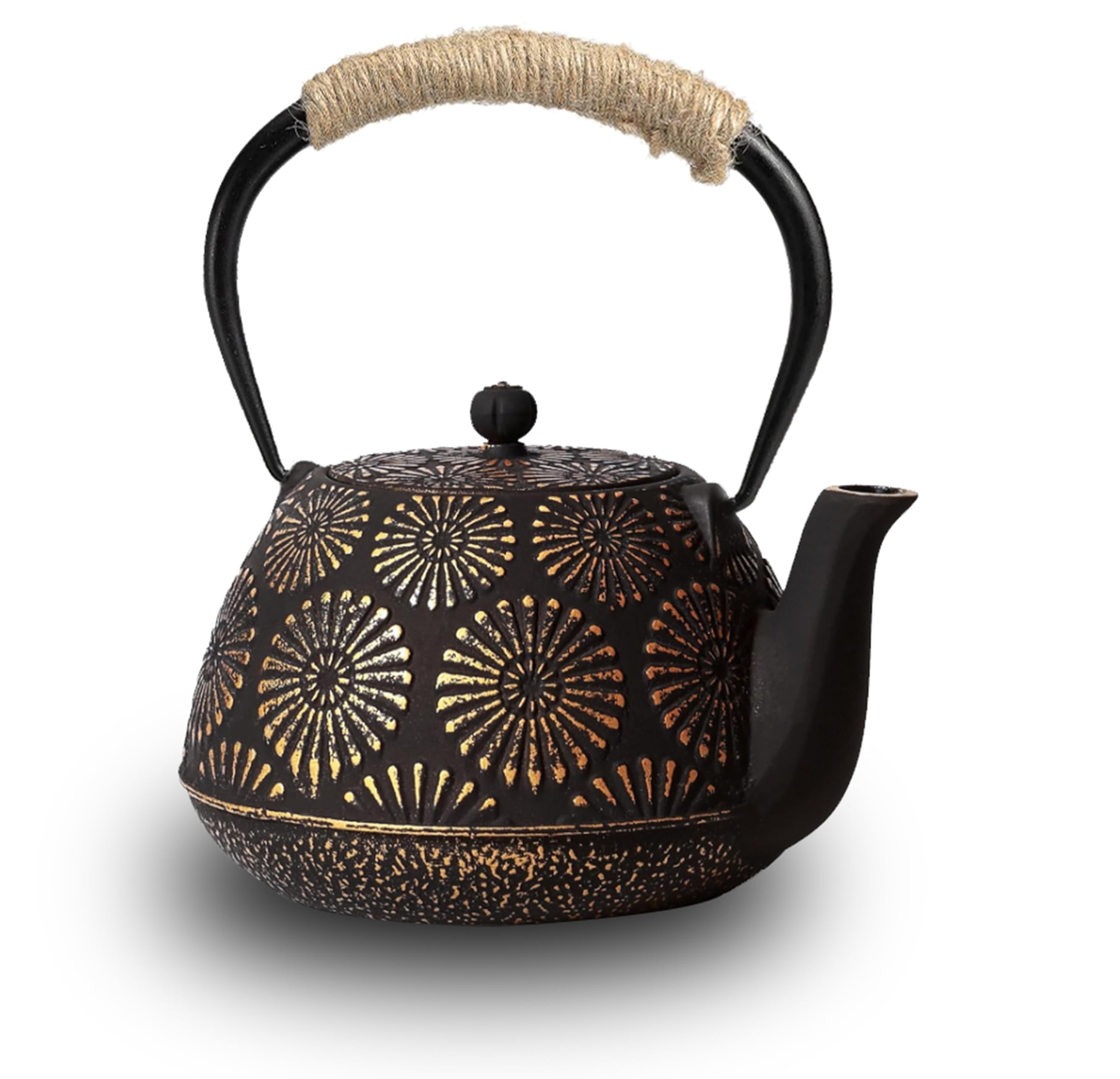 Japanese Tetsubin Cast Iron Teapot, 40oz (1200ml) Enamel-Coated Stovetop Kettle with Stainless Steel Infuser & Heat-Resistant Handle, Traditional Iron Pot for Tea Ceremony (Black Gold)