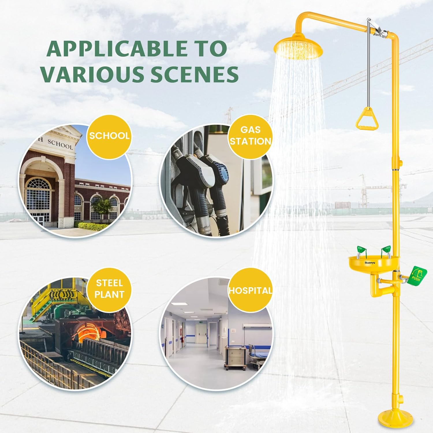 Huanyu Emergency Shower and Eyewash Station Safety Shower Eye Wash Station 304 Stainless Steel Commercial Eye Wash Kit Widened Deepened Basin with Emergency Sign Hospital Factory (1107Y)