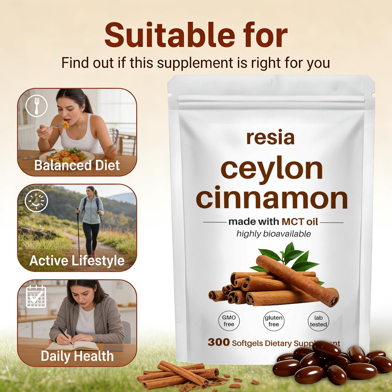 RESIA Ceylon Cinnamon Softgels with MCT Oil, Herbal Cinnamon Extract for Daily Wellness Support, Non-GMO, Gluten Free, 300 Softgels — Amazon image 2