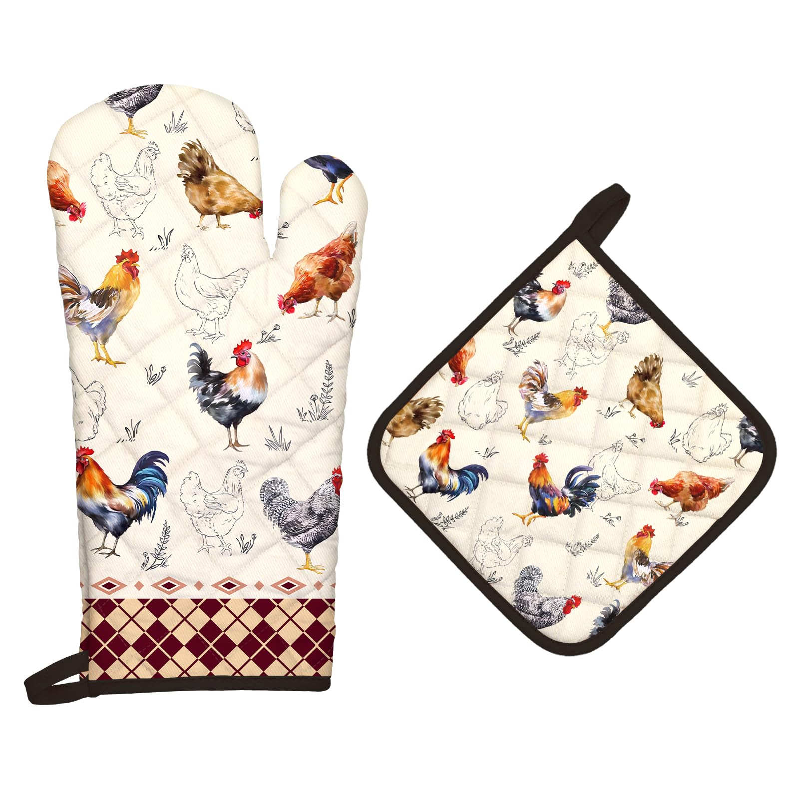Roosters rękawice kuchenne i uchwyty na garnki, zestaw 2 szt., 100% bawełna, odporne na ciepło, bardzo długie rękawice kuchenne do kuchni, gotowania, pieczenia, dekoracja