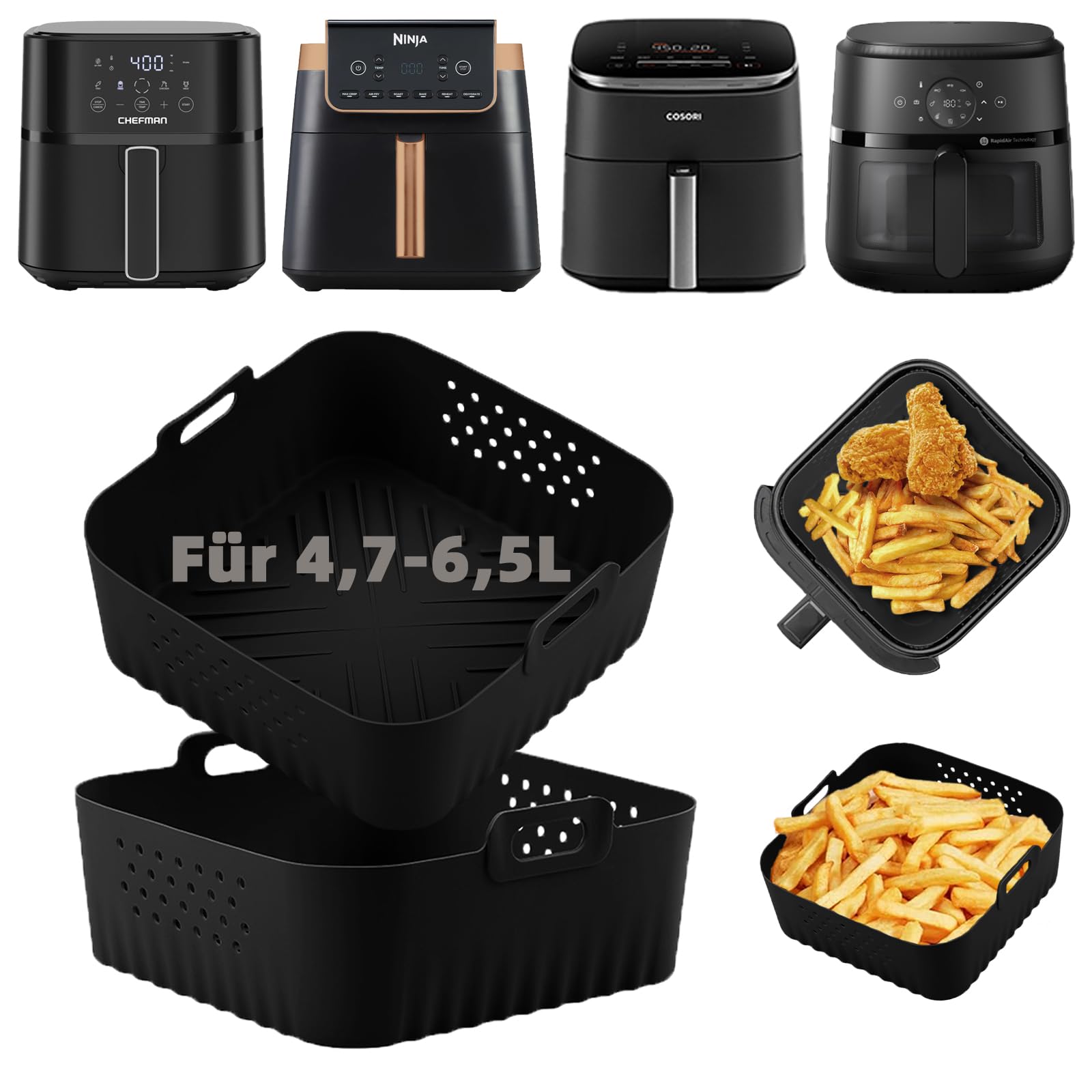 LYHOLKEER 2 Molde Silicona freidora de Aire, Accesorios Air Fryer Reutilizables, Bandeja Silicona Air Fryer Negra, Compatible con Ninja AF180EU 6,2 L, Cecotec 5,5 L y 6,5 L, COSORI 5,7 L, NARVI 5L