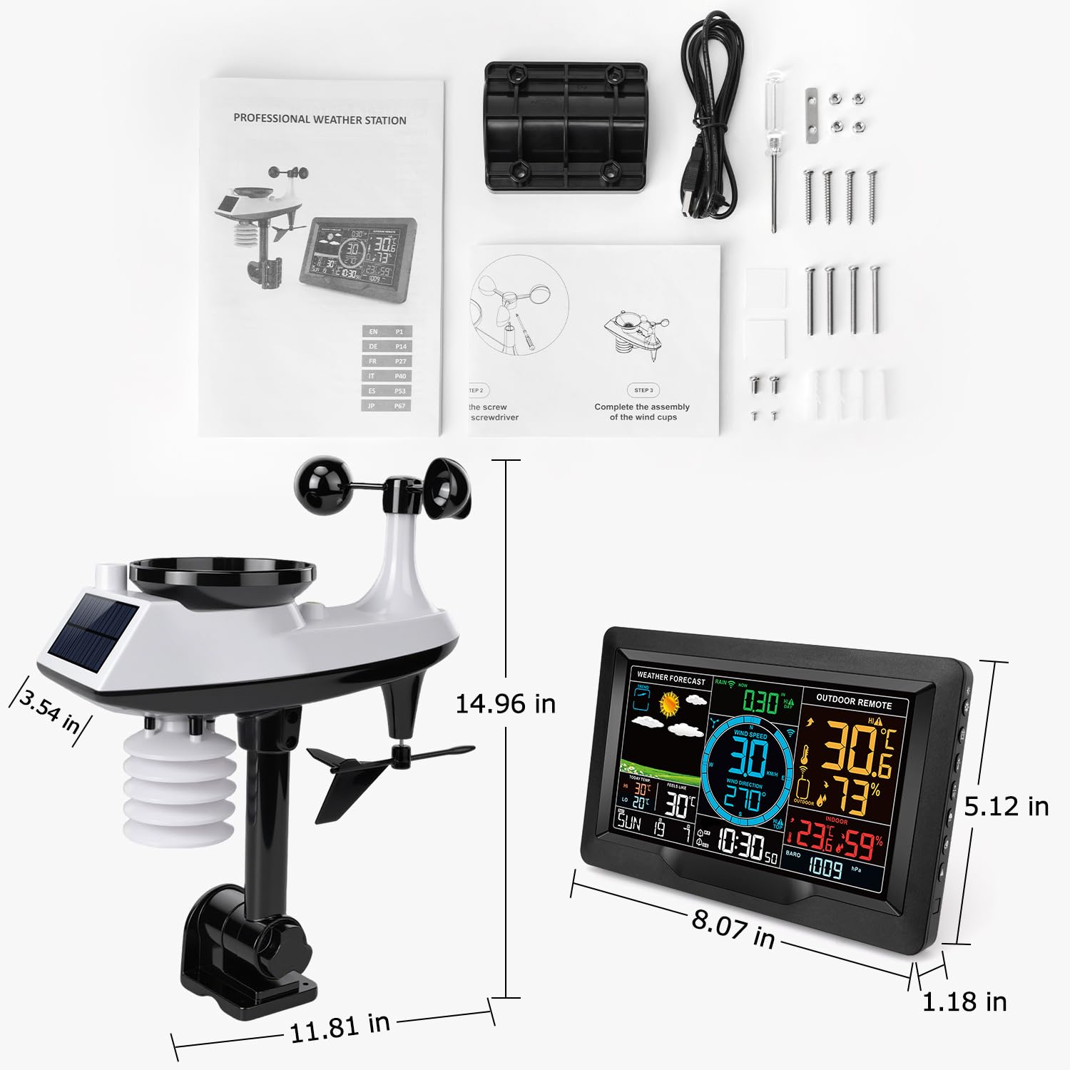 Stazione meteo wireless con sensore esterno, velocità del vento e pluviometro 10 in 1, monitor di umidità della temperatura, barometro, previsioni meteo, calendario e sveglia, display LCD per la casa