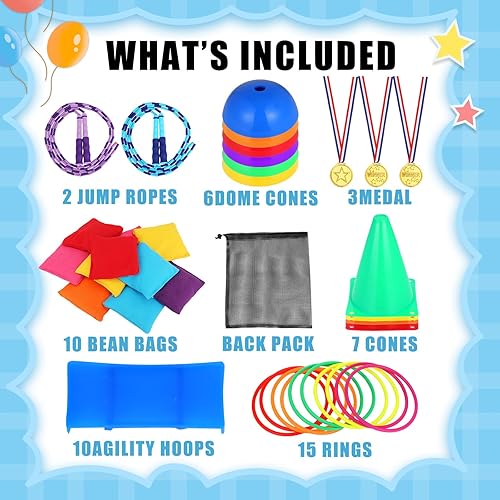 Miniatura 3 de Ceenna Juego de 57 piezas de carrera de obstáculos para niños, carnaval al aire libre, juego combinado con bolsas de frijoles, conos de plástico,