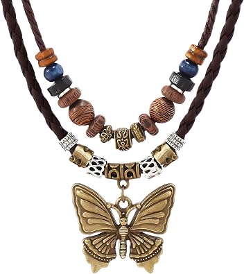 Boho Necklace for Women,Vintage Butterfly Pendant Necklaces,Adjustable Wooden Beads Layered Braided Choker,Fashion Tribal Style Leather Rope Necklace Jewelry,Chunky Statement Gift for Women