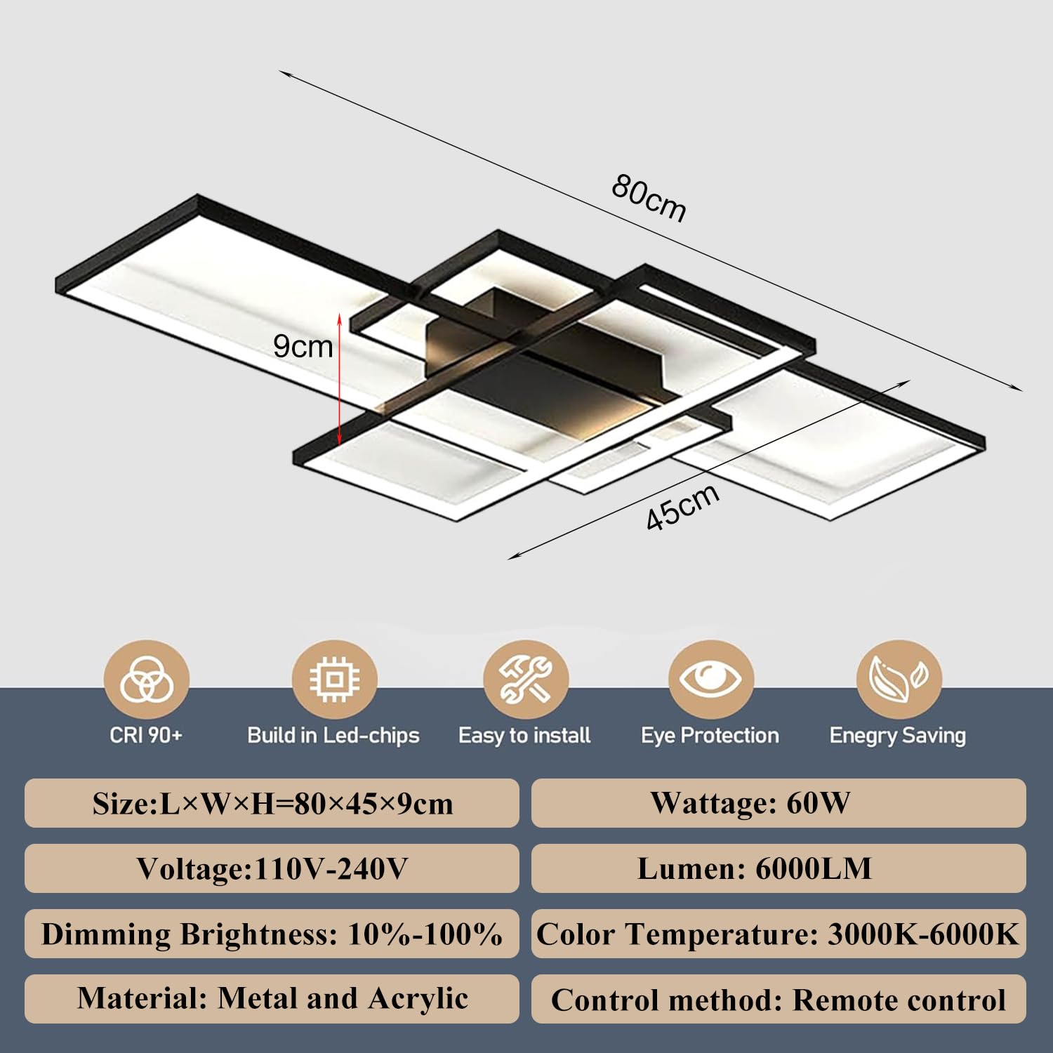 TYJY LED Deckenleuchte 60W Dimmbar Deckenlampe Wohnzimmer, Moderne Rechteckige Wohnzimmerlampe mit Fernbedienung, 3000K-6000K, Deckenbeleuchtung Lampe für Schlafzimmer Wohnzimmer (80cm, Schwarz)