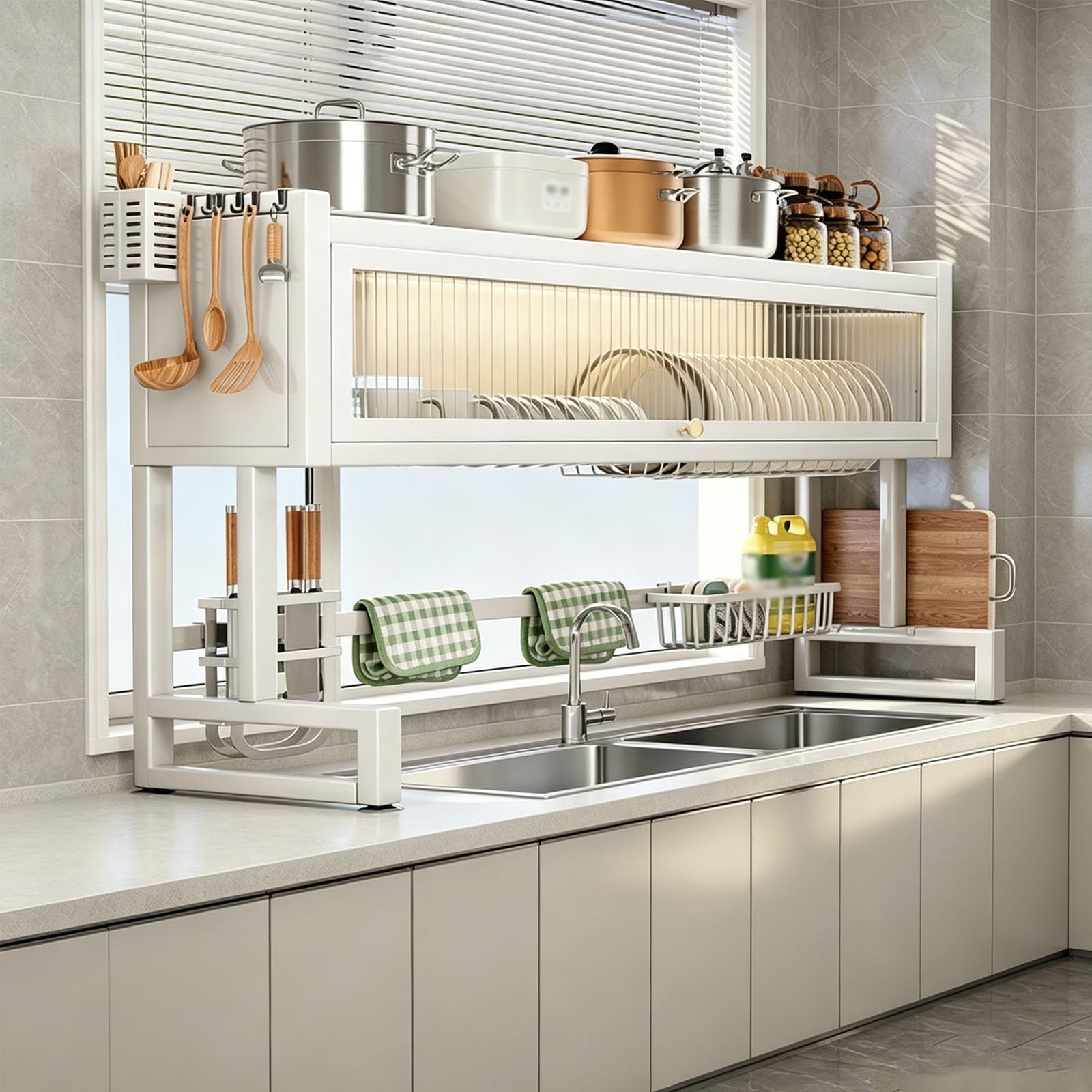 Mdeufywegb White1 Over-The-Sink Dish Drying Rack — Features Dust Cover And Utensil Basket | Large-Capacity Countertop Bowl Rack | Multifunctional Kitchen Tableware Organizer(,85*80Cm/33.5*31.5In)