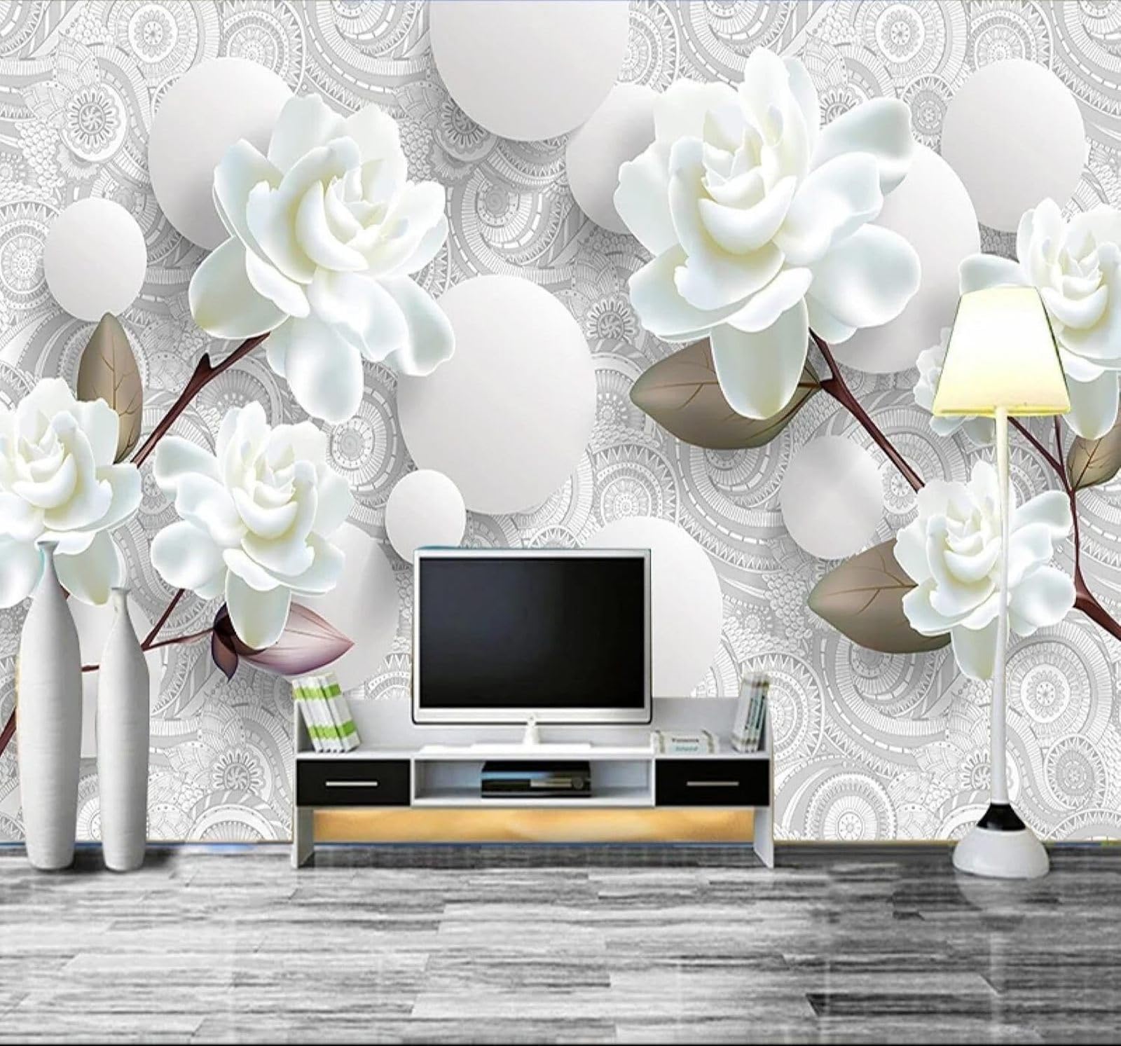 XLMING Relief Three Dimensional White Flowers Spheres 3D Wallpaper Silky Texture Home Study Office Grey Dining Room Sofa Bedroom Living Room TV Backdrop-430cm×300cm