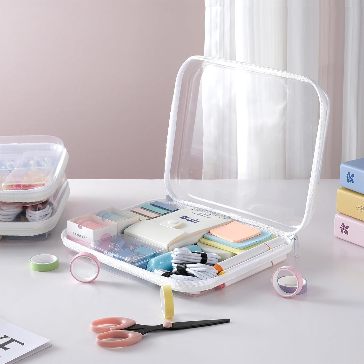 3 pack 10" Clear Zipper Pouches Portable Hard Shell Ccosmetic Case Plastic Storage Bag for Organizing