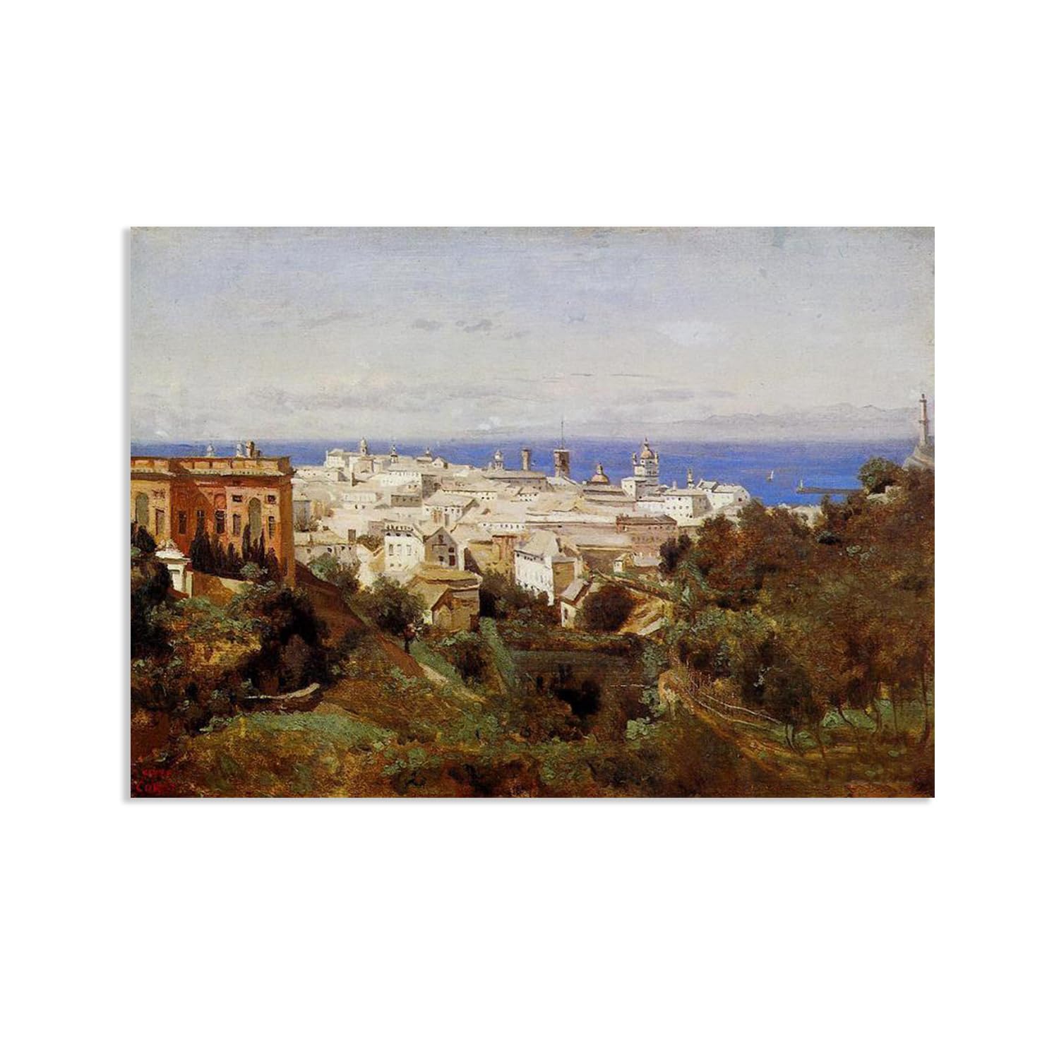 Hau3sh3a Jean Baptiste Camille Corot Wall Art View of Genoa from the Promenade Canvas Picture Serene Landscape Reproduction Wall Decor for Living Room Bedroom Office Home Decor55x40cm(22x16in) Poster
