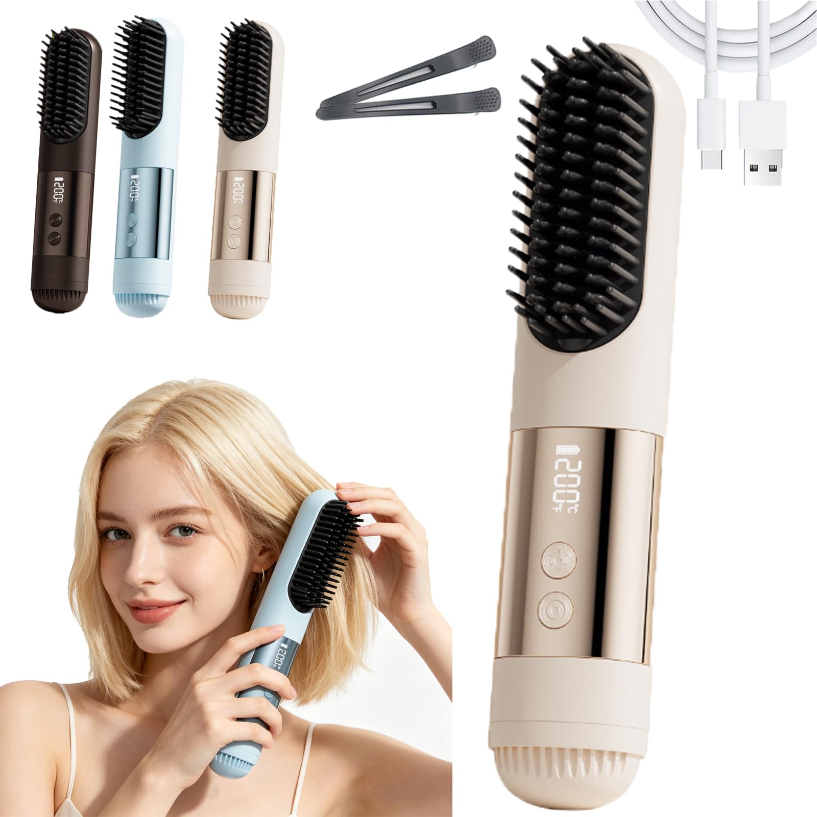 Drahtlose StylingbüRste, FüR Kurzes Feines Dickes Haar, Borsten, Schnelles, PräZises Styling, Lang Anhaltendes Volumen, Tragbares Design (Beige)