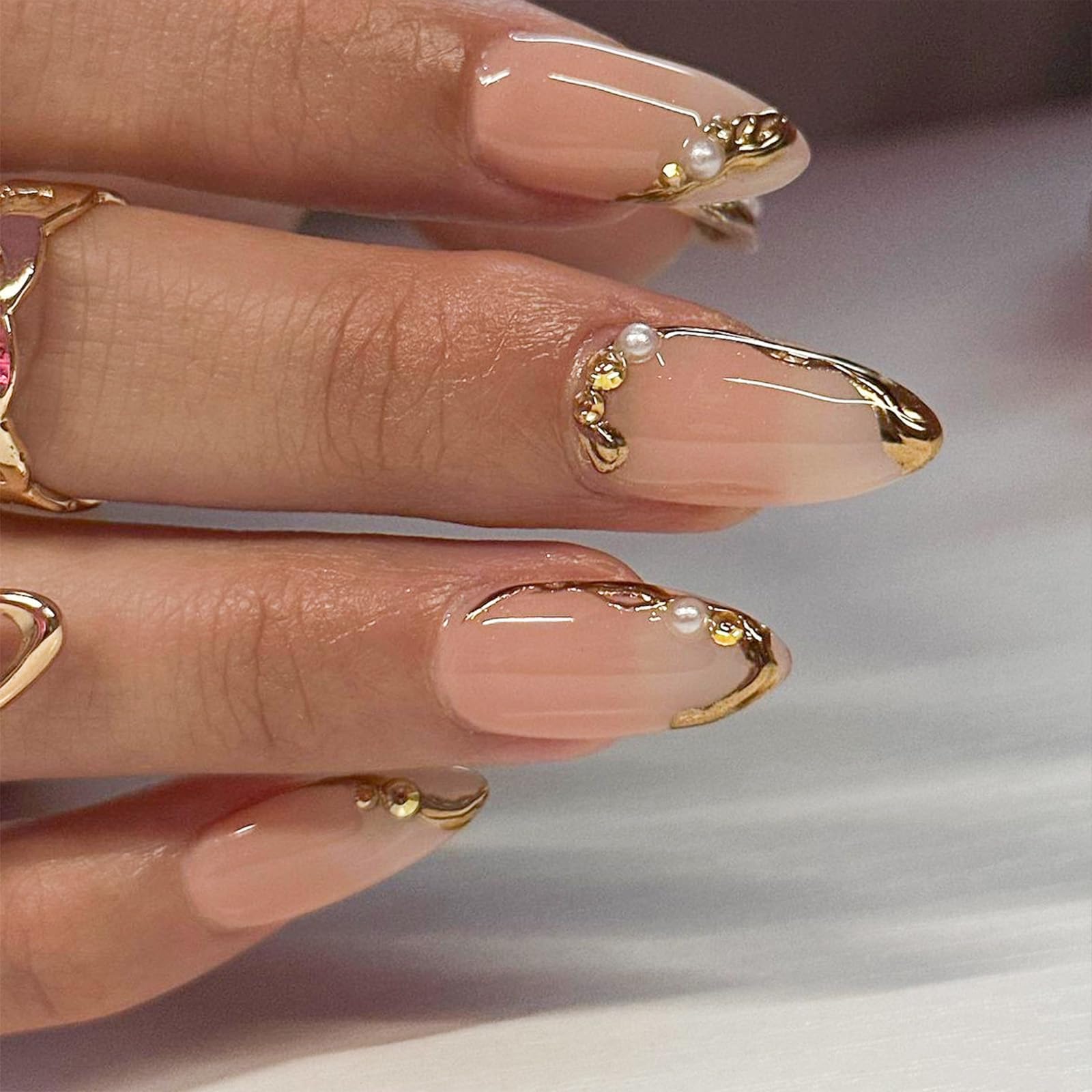 TELAIN 24 pcs. French lace press-on nails, Medium Almond, with pearls and rhinestones design, Golden French line, False nails - Image 4