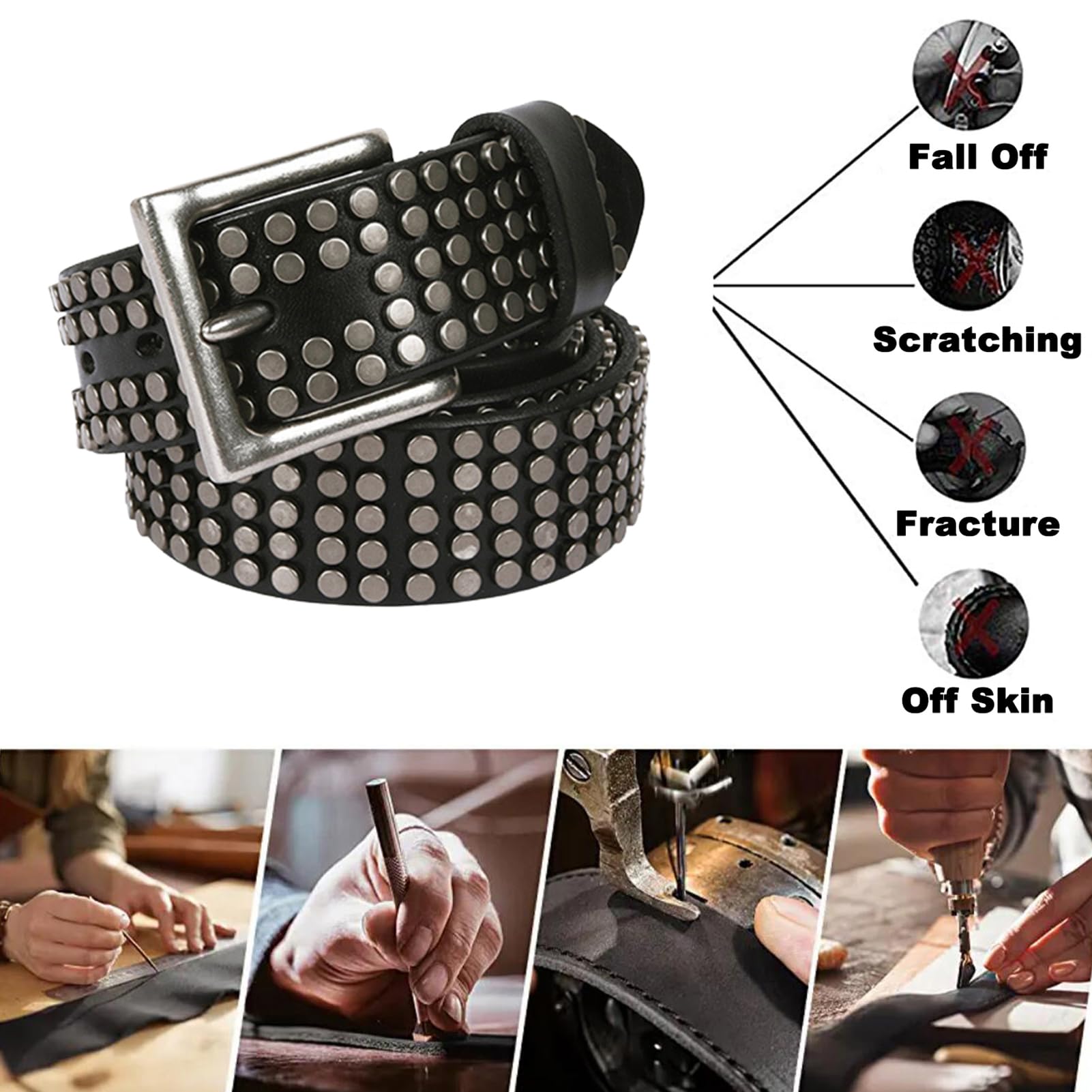 Ceinture en Cuir à Rivets Style Tendance Motif Circulaire Clouté Boucle à Griffes Réglable Ceinture Punk Rock pour Les Loisirs(115cm/waist:39", Black)