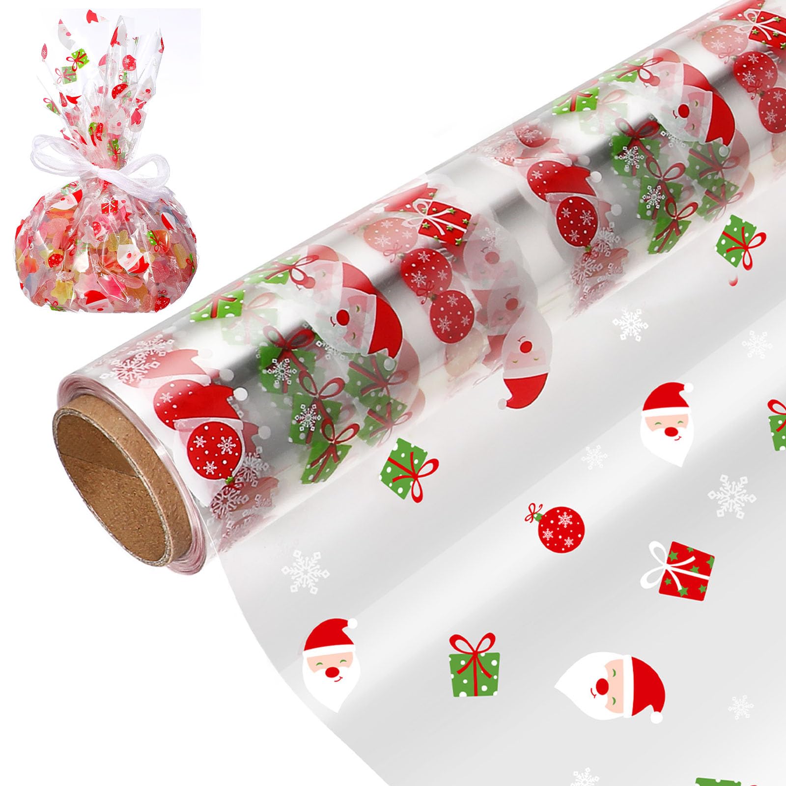 Christmas Cellophane Wrap, 40cm x 30M Clear Wrapping Paper for Hampers - 2.5 Mil Thicken Santa Claus Transparent Cellophane Roll, Xmas Gift Wrap for Flower, Treat, Wine, Christmas Decoration
