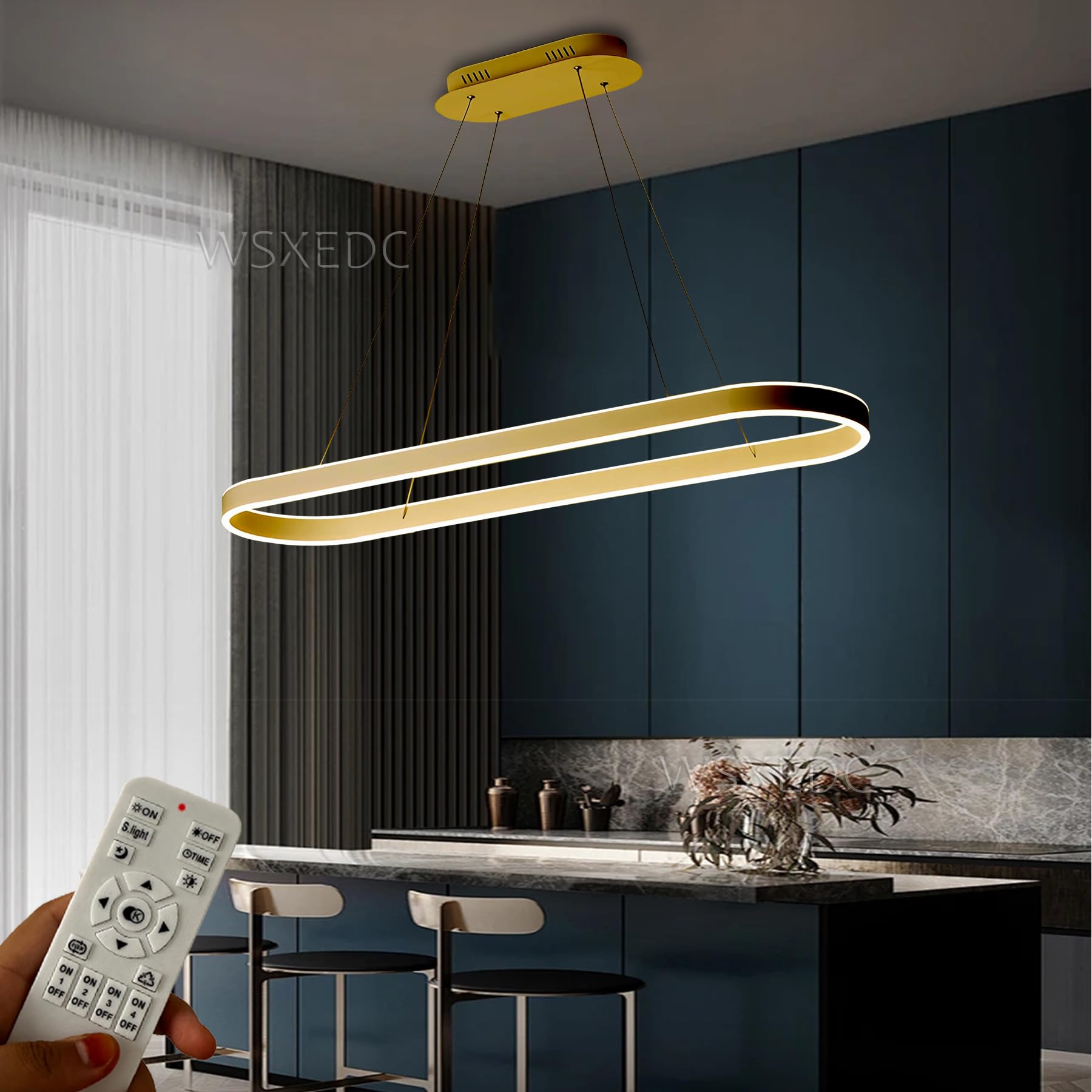 WSXEDC Dimmable Gold LED Pendant Lights Oval Dining Table lamp Modern Dining Room Chandelier Remote Controls Height Adjustable Lighting Studio Hanging lamp Office Ring Living Room lamp L80cm 70W