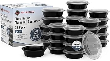 Clear Plastic Takeout Containers - Durable and Sturdy Clamshell Food Boxes for To-Go and Storage Disposable Clam Shell Containers, Bulk Pack - Easy Open Hinge Design Round - 25 Pack, 24 Ounce