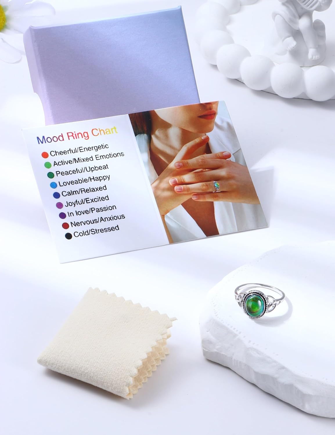 ADRAMATA 925 Sterling Silver Mood Ring for Women Vintage Celtic Knot Rings Jewelry 18K White Gold Plated Oval Solitaire Mood Ring Temperature Control Color Change Mood Ring - Image 9