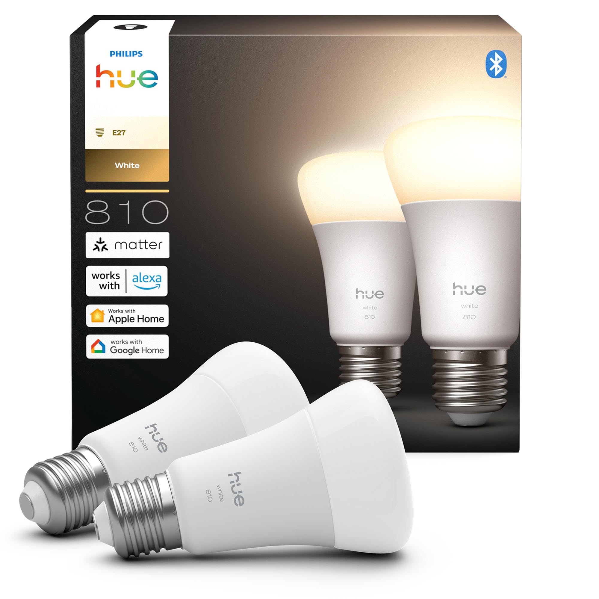 Lampada Philips Hue Smart LED A60, luce bianca calda 2.700 K, E27 Base, 9,5 W, 810 lumen, intensità regolabile, compatibile con Alexa, Google Assistant e Apple Home, conf. da 2