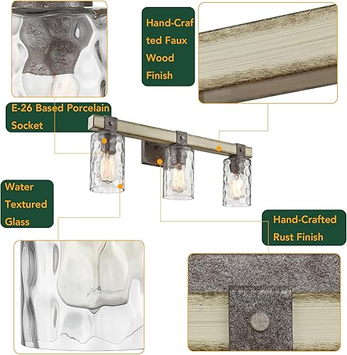Miniatura 6 de Luces rústicas de tocador de granja para baño sobre espejo, 3 lámparas con cilindros de vidrio texturizado de agua, acabado óxido y madera antigua