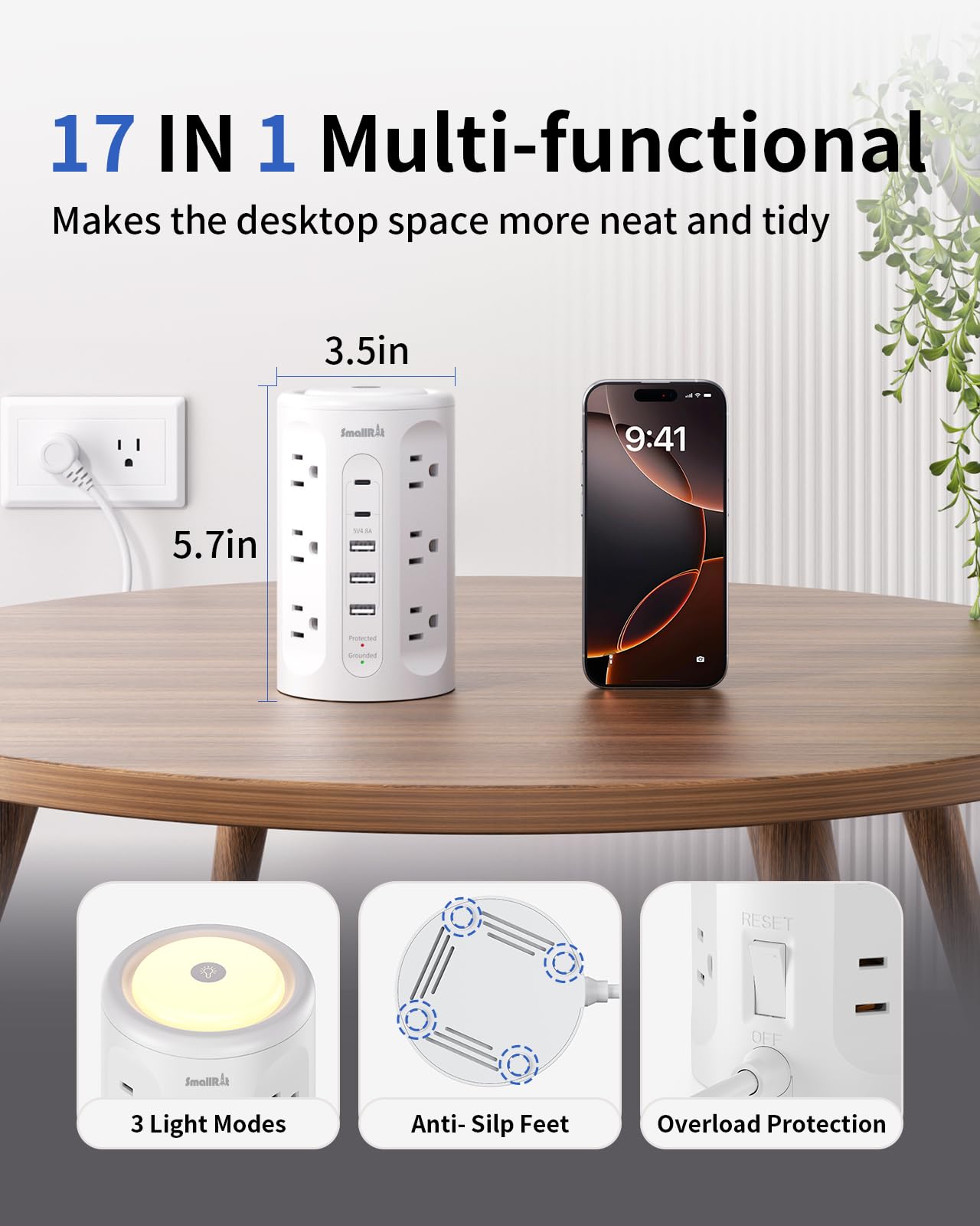 Tour multiprise avec 5 ports USB et veilleuse, rallonge de 3 m avec 12 prises CA différentes (blanc)
