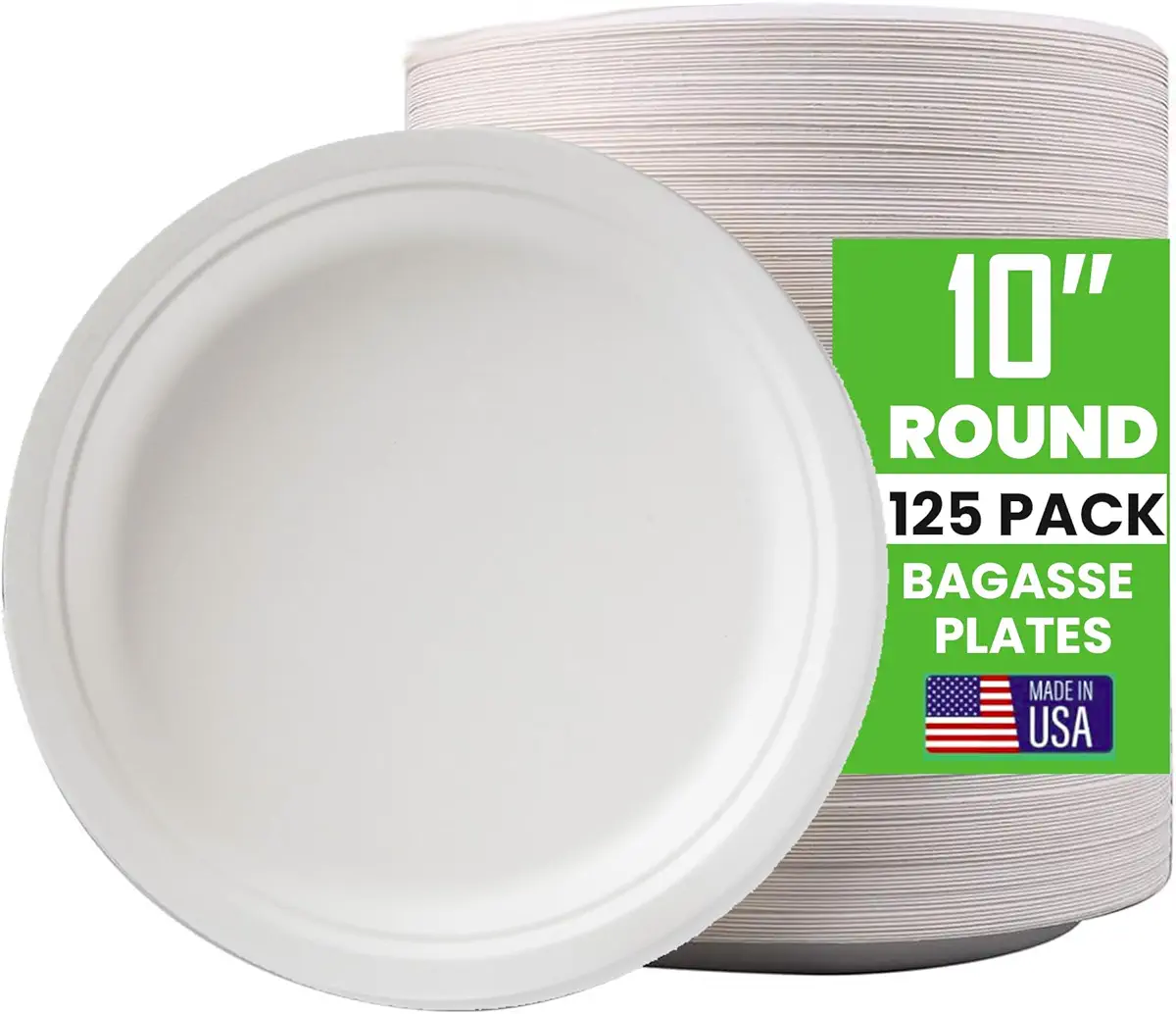 UniDrop Paper Plates [125 Pack - 10 Inch] 100% Compostable Plates Super Rigid Natural Sugarcane Bagasse Plates Biodegradable Eco-Friendly and Disposable Heavy Duty Ideal for Picnic, Christmas Party