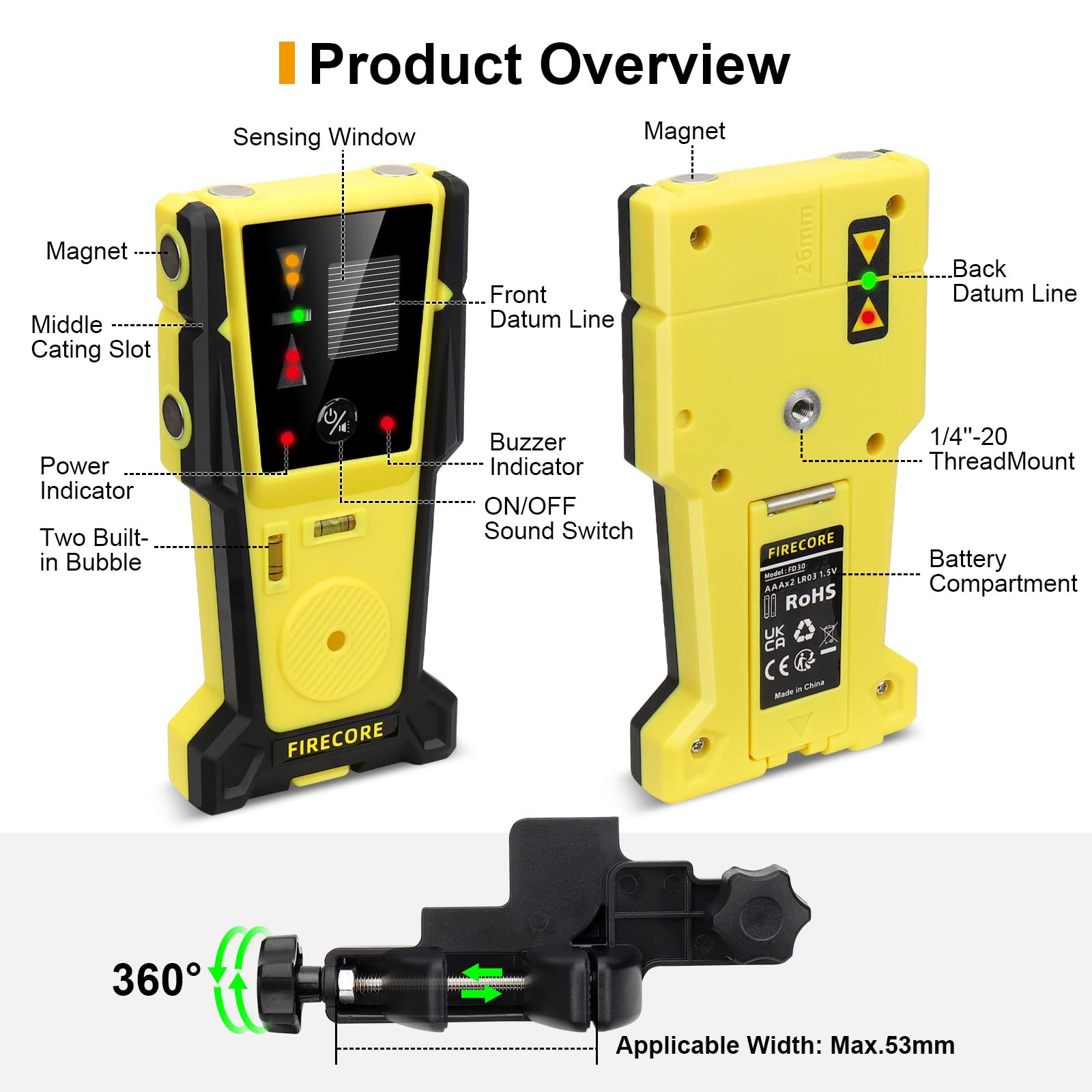 Receptor láser Firecore para detección de láser verde y rojo, detector láser con pantalla LED, con dos burbujas horizontales - FD30