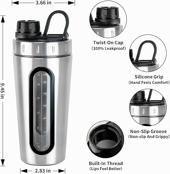 TOOFEEL Shaker Bottles for Protein Mixes 28 oz Stainless Steel Protein Shaker with 2 Mixing Ball, Not Stays Cold/Hot, Visible Window Metal Shaker Cups, Leakproof, BPA Free Bottle Shaker