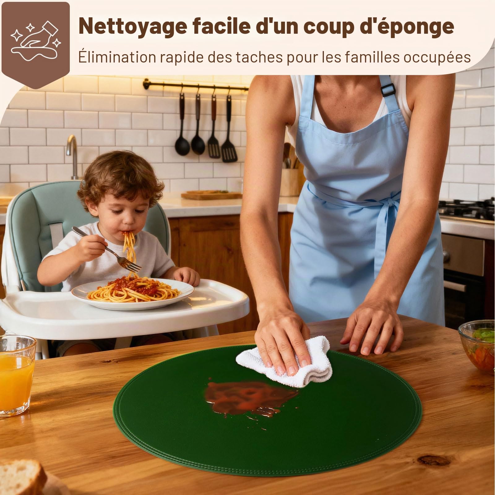 Lot de 6 Sets de Table Ronds épais en Similicuir PU, imperméables, antidérapants, lavables, résistants à l'huile, infroissables, pour Cuisine, Salle à Manger (Vert)