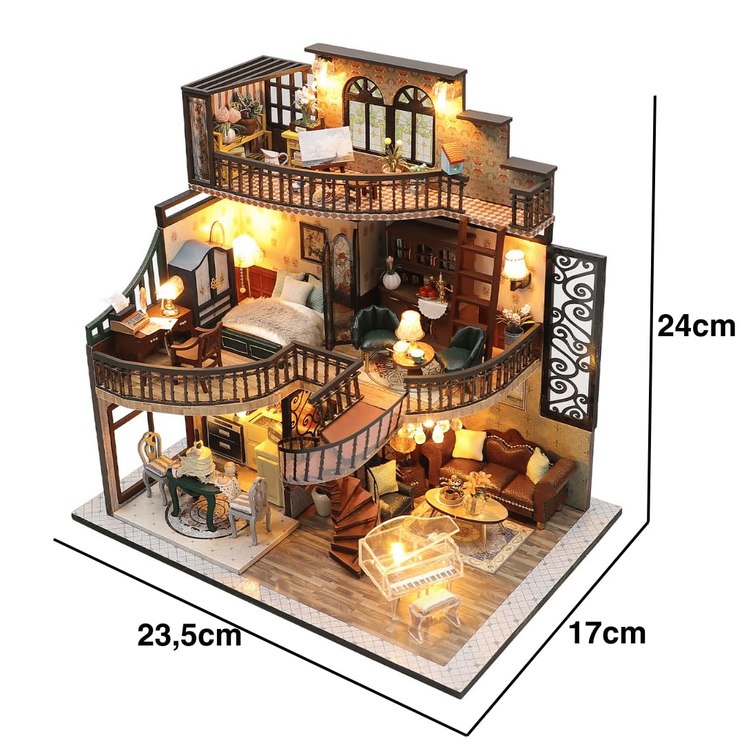 Villa Building Set in miniatura – Legno fai da te modello hobby kit – Villa con luce LED – Decorazione fai da te casa – Regalo per adulti