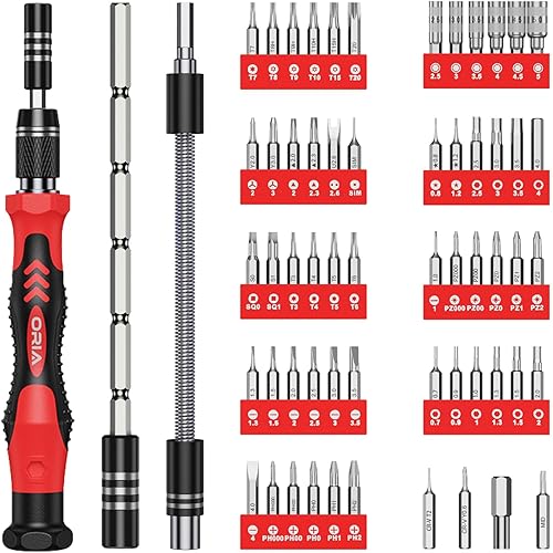 ORIA Precision Screwdriver Kit, Mini Screwdriver Set, 61 in 1 with 57 Bits Repair Tools with Flexible Shaft, Extension Rod for Mobile Phone, Smartphone, Tablet, PC, Red